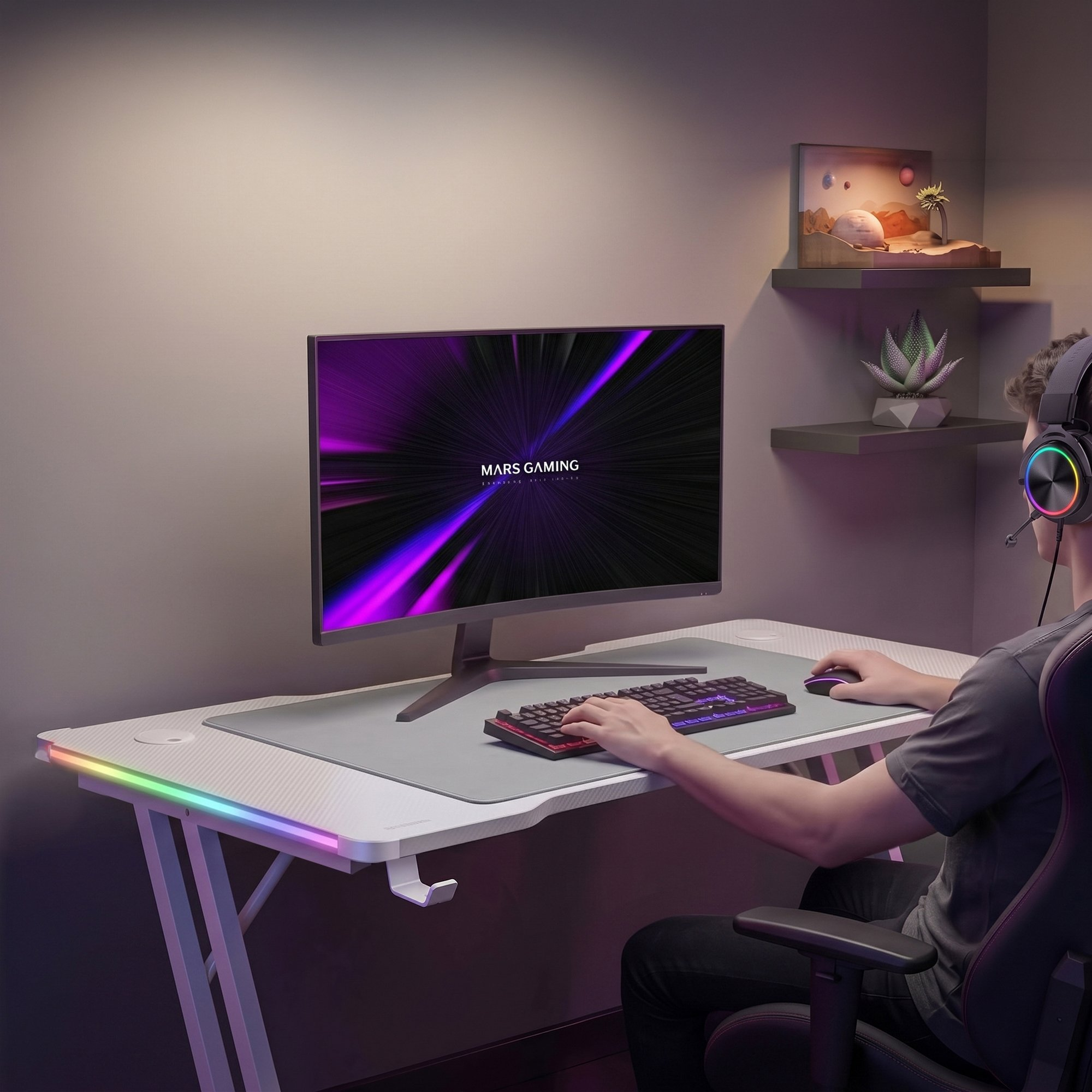 Un jugador se sienta en un escritorio LED blanco con monitor, teclado y auriculares frente a una pared gris.