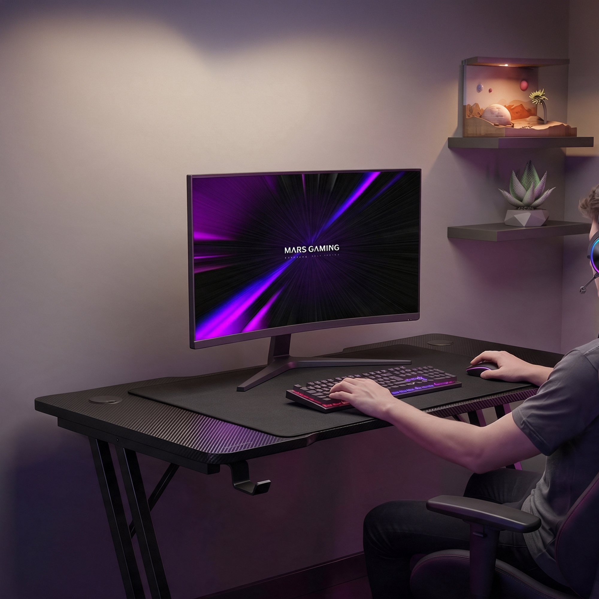Un jugador se sienta en un escritorio con monitor, teclado, ratón y estantes en la pared.