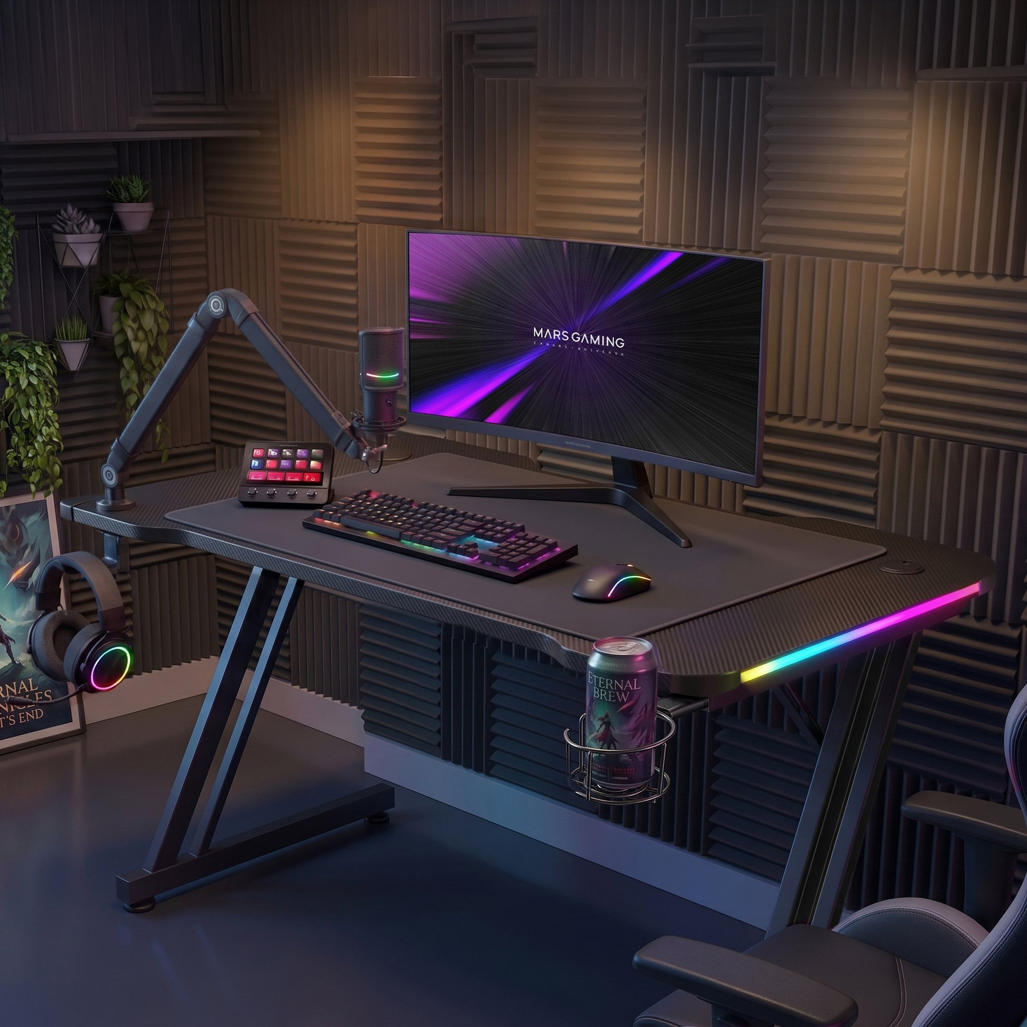 Un escritorio gamer con monitor, teclado, ratón, micrófono y luces RGB frente a una pared insonorizada.