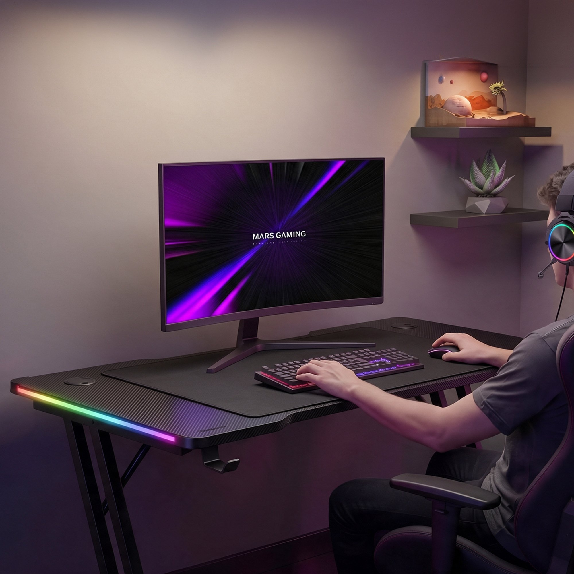 Un jugador se sienta en el escritorio con luces LED, monitor con logo de Mars Gaming y auriculares.