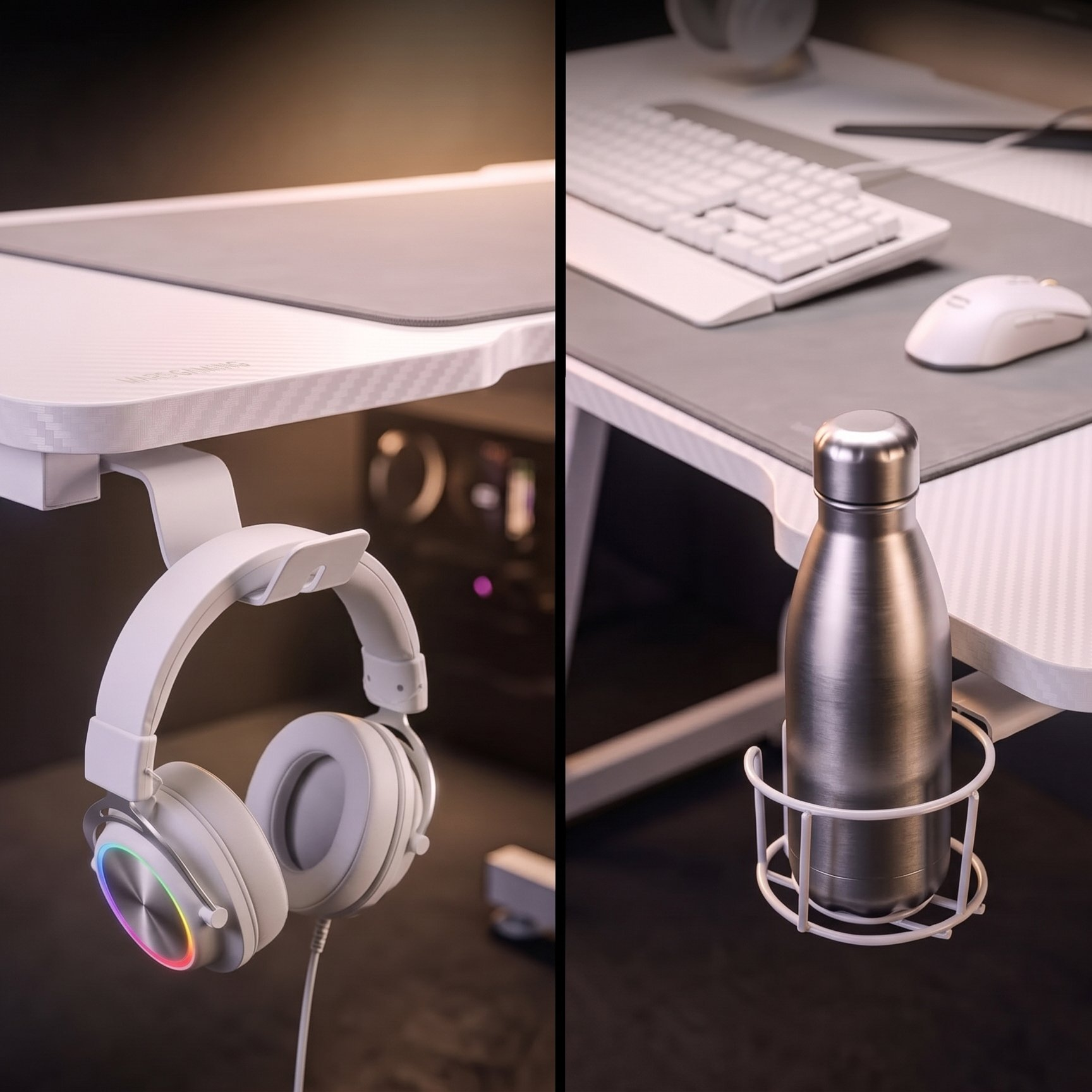 Imagen dividida con unos auriculares blancos en un soporte a la izquierda y una botella metálica en un portabotellas a la derecha.