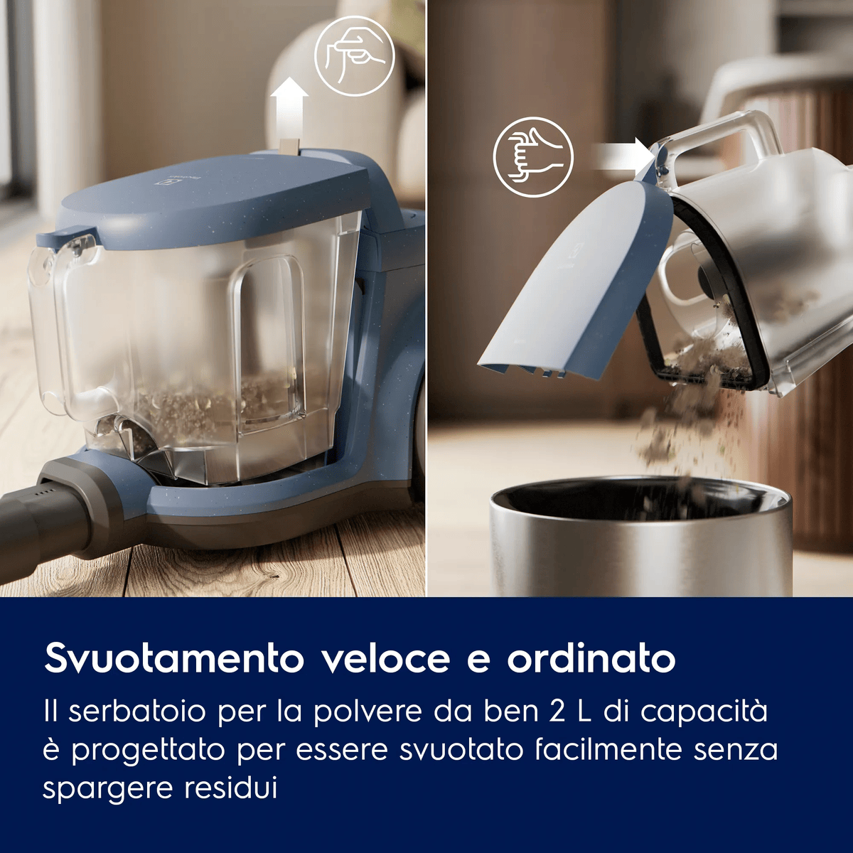Contenedor de polvo vaciándose en un cubo.