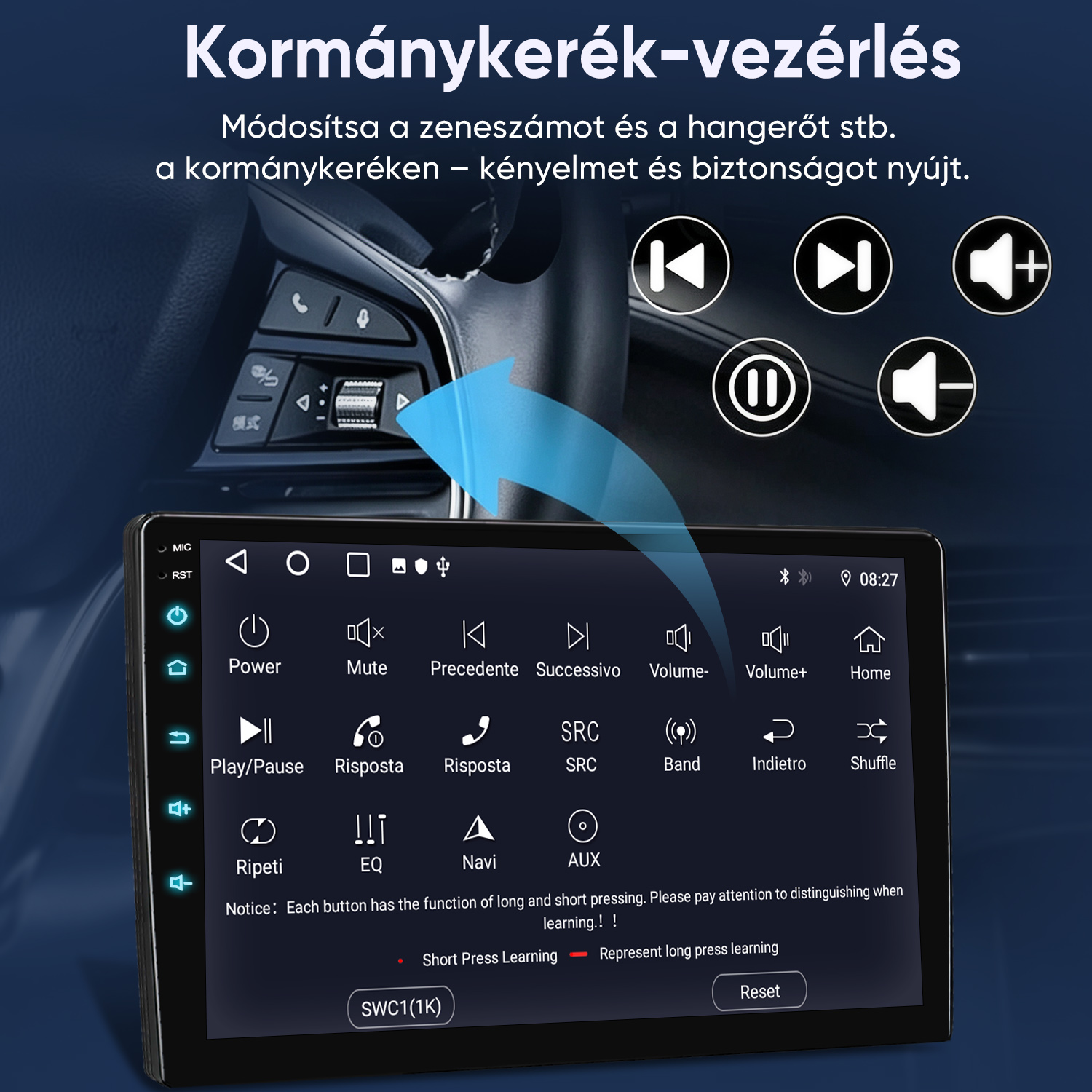 Diagram, amely az autó multimédiás rendszerének kormánykerék-vezérlőit mutatja.