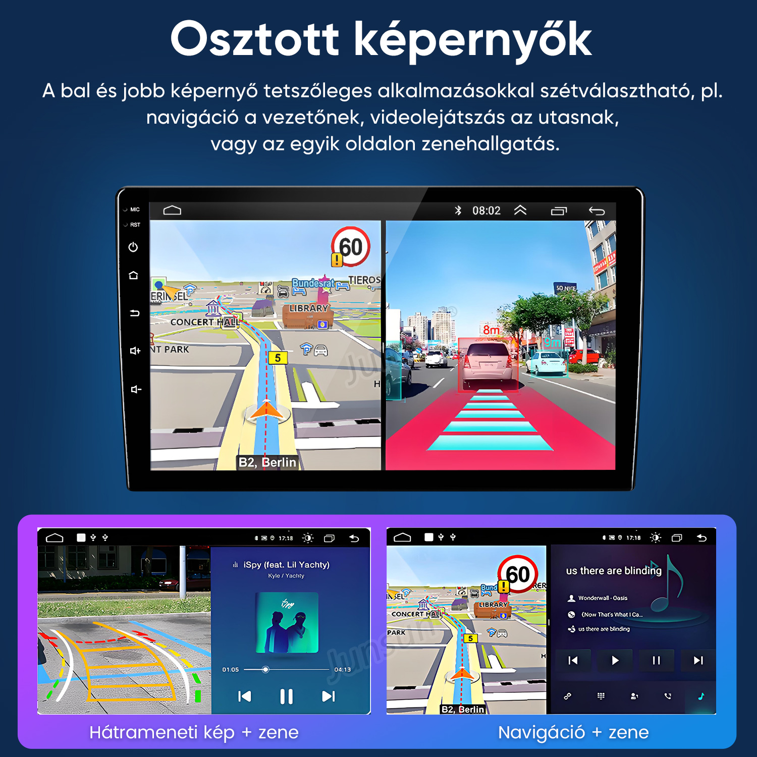 Autós rádió osztott képernyője navigációval és kamerával.