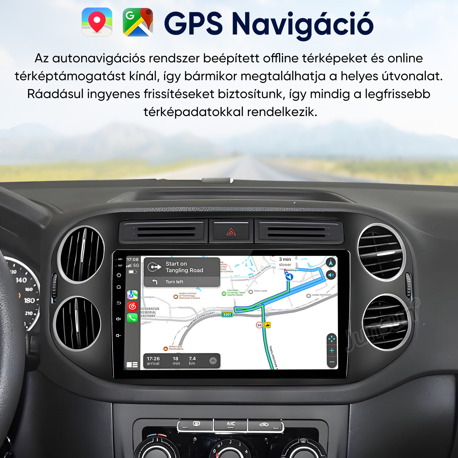 Autó műszerfal digitális GPS navigációs képernyővel, amely útvonalat mutat.