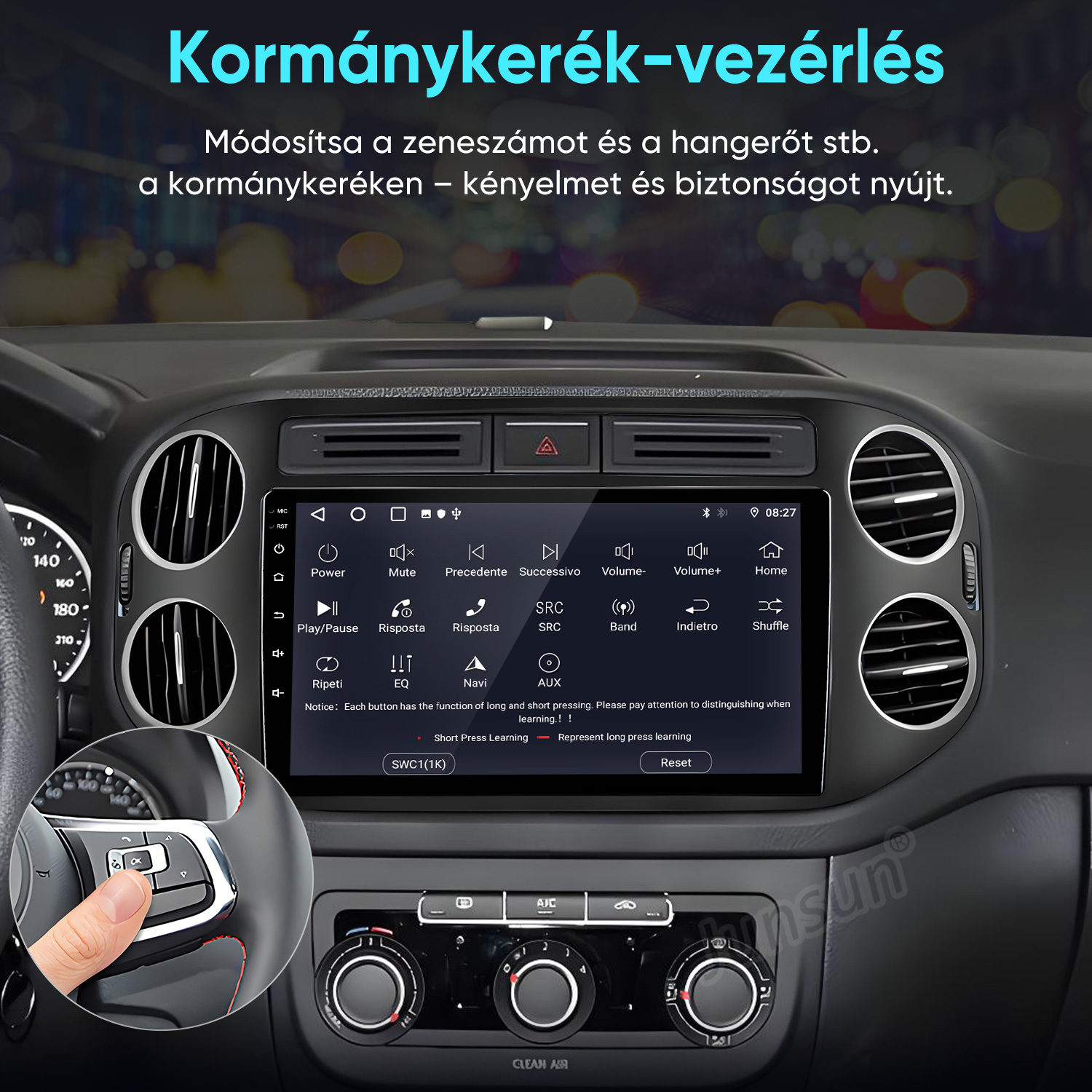Autó műszerfal digitális érintőképernyős rádióval és a korm ánykerék vezérlőinek közelképével.