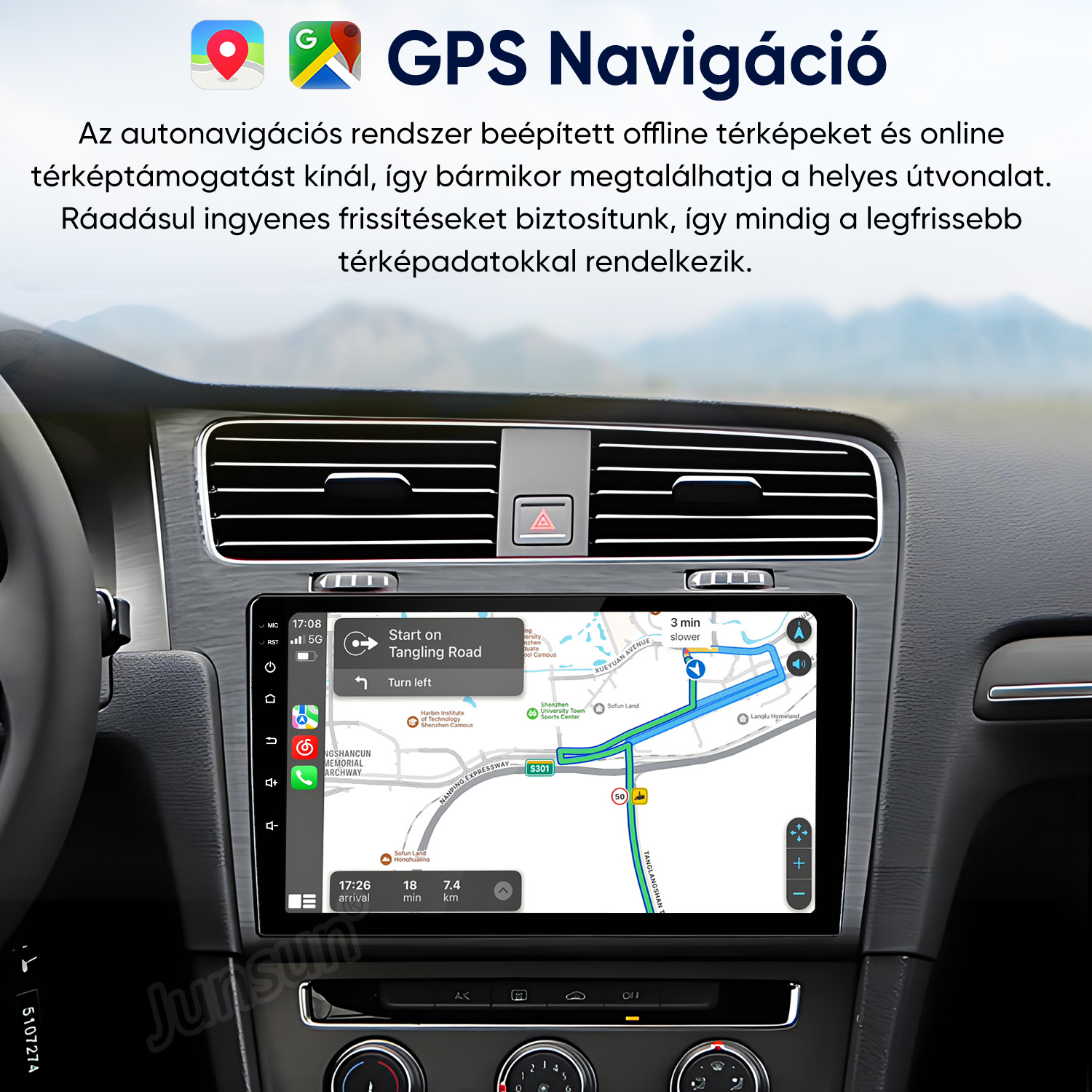 Autó műszerfal digitális GPS navigációs képernyővel, útvonaltérképpel.