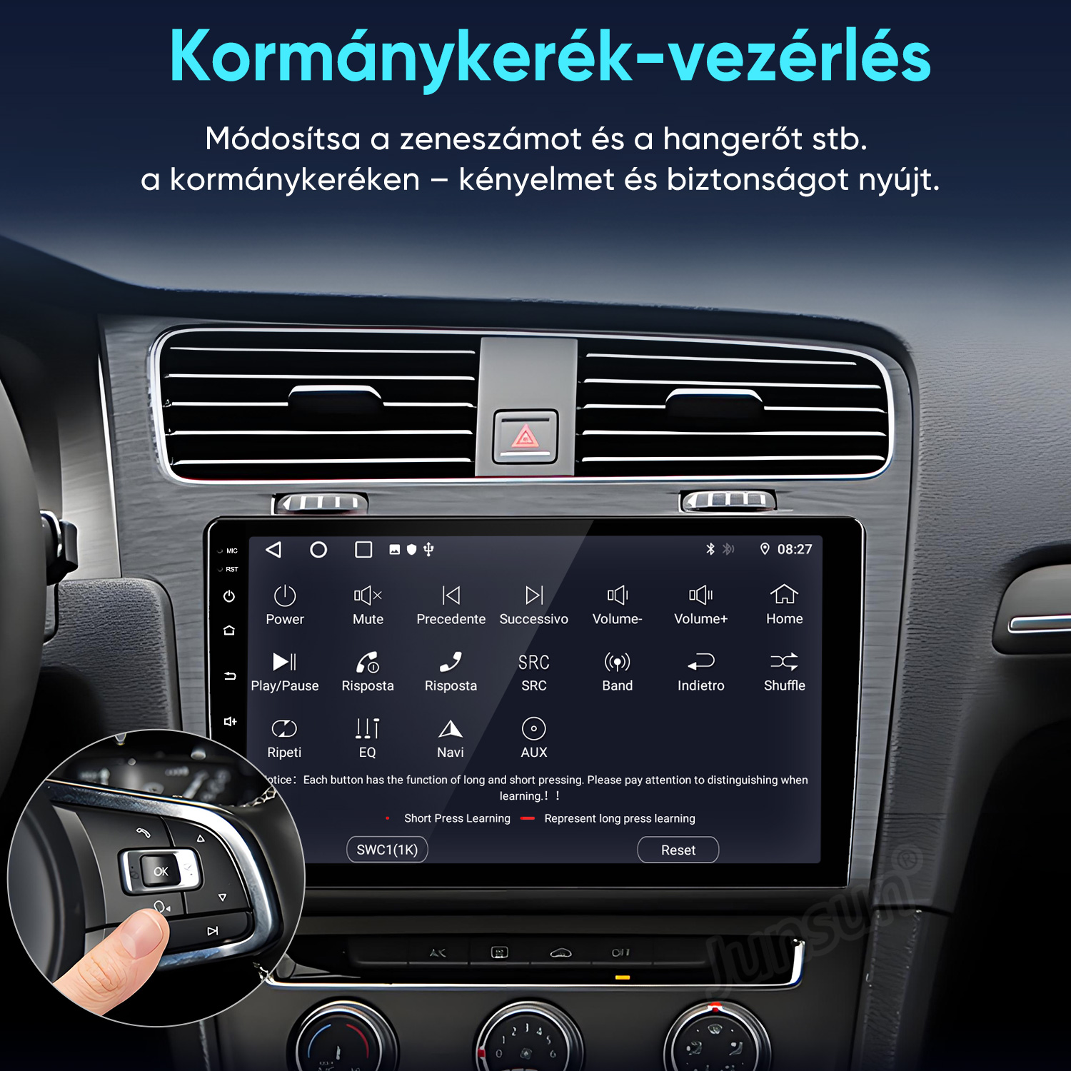 Autó belső tere érintőképernyővel és a kormánykerék gombjaival.