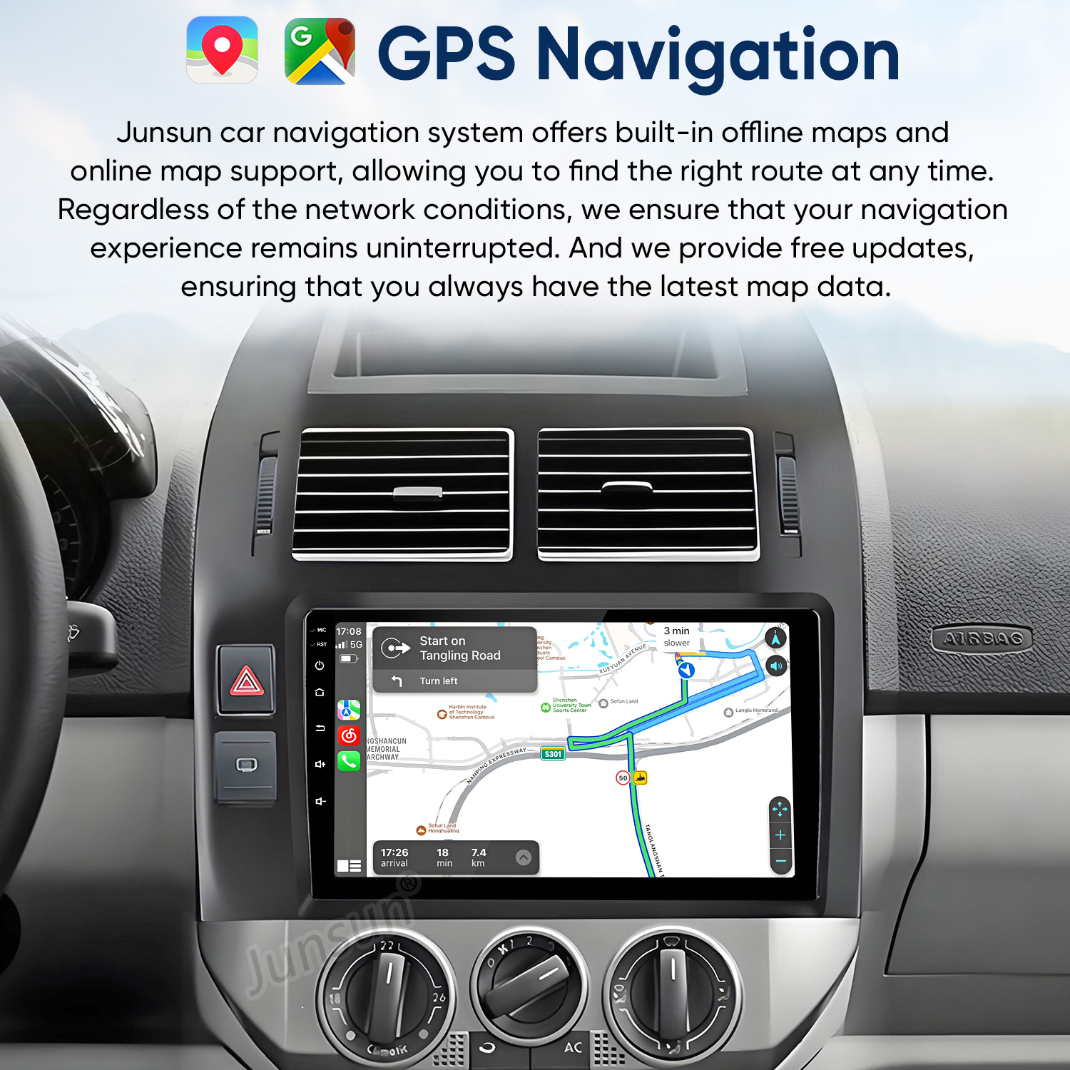 Autó műszerfal GPS navigációs képernyővel, szellőzőkkel és klímavezérlőkkel.