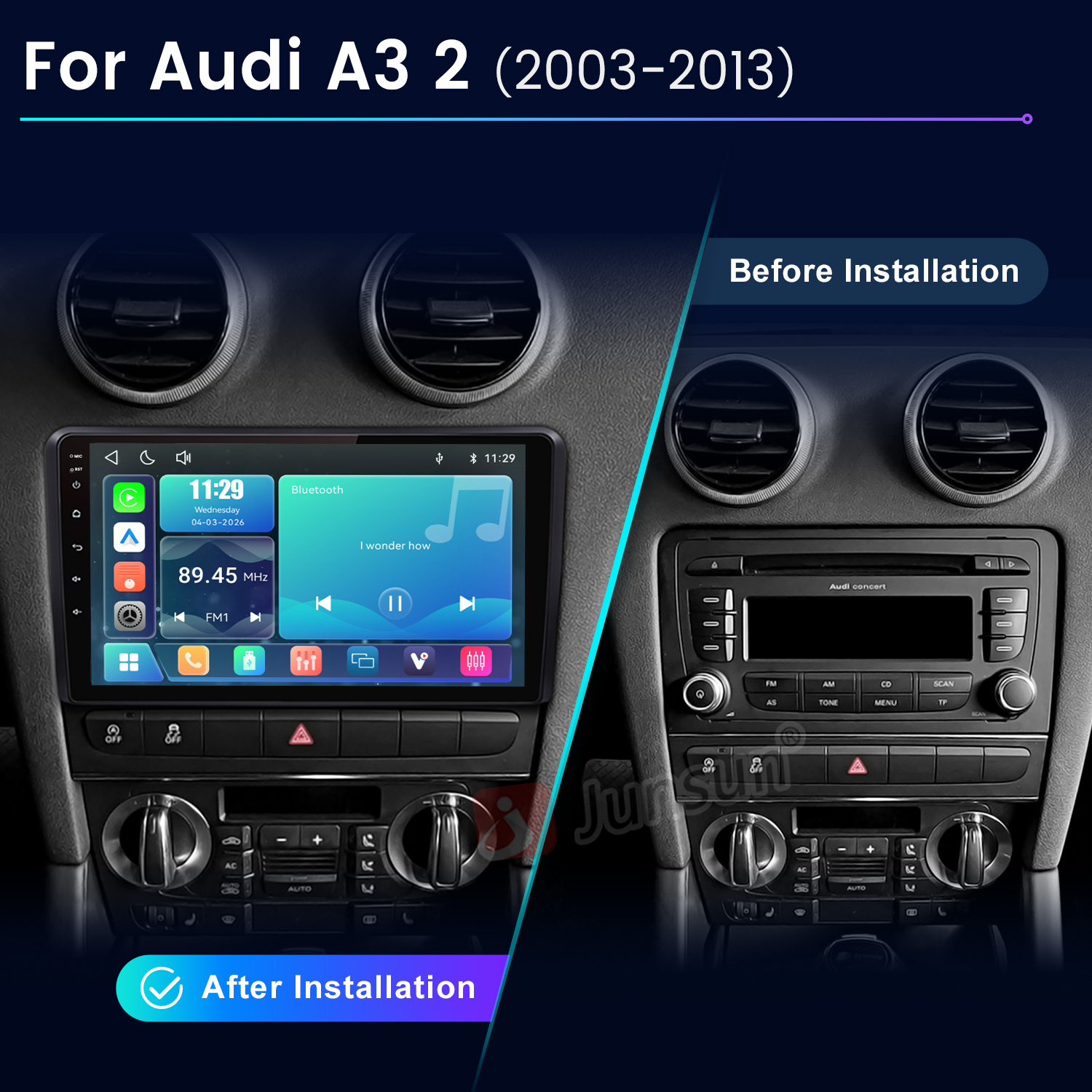 Audi A3 műszerfal összehasonlítás új infotainment rendszer telepítése előtt és után.
