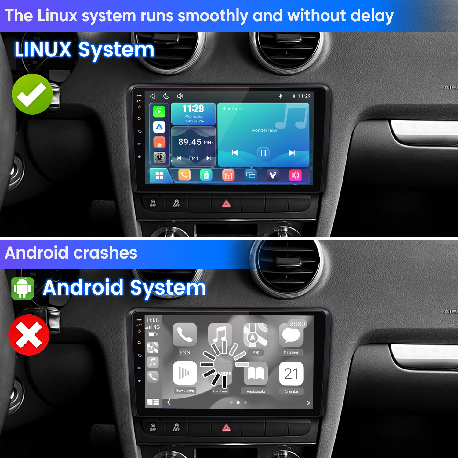 Összehasonlítás: sima Linux autórendszer pipával és összeomló Android rendszer X-szel.