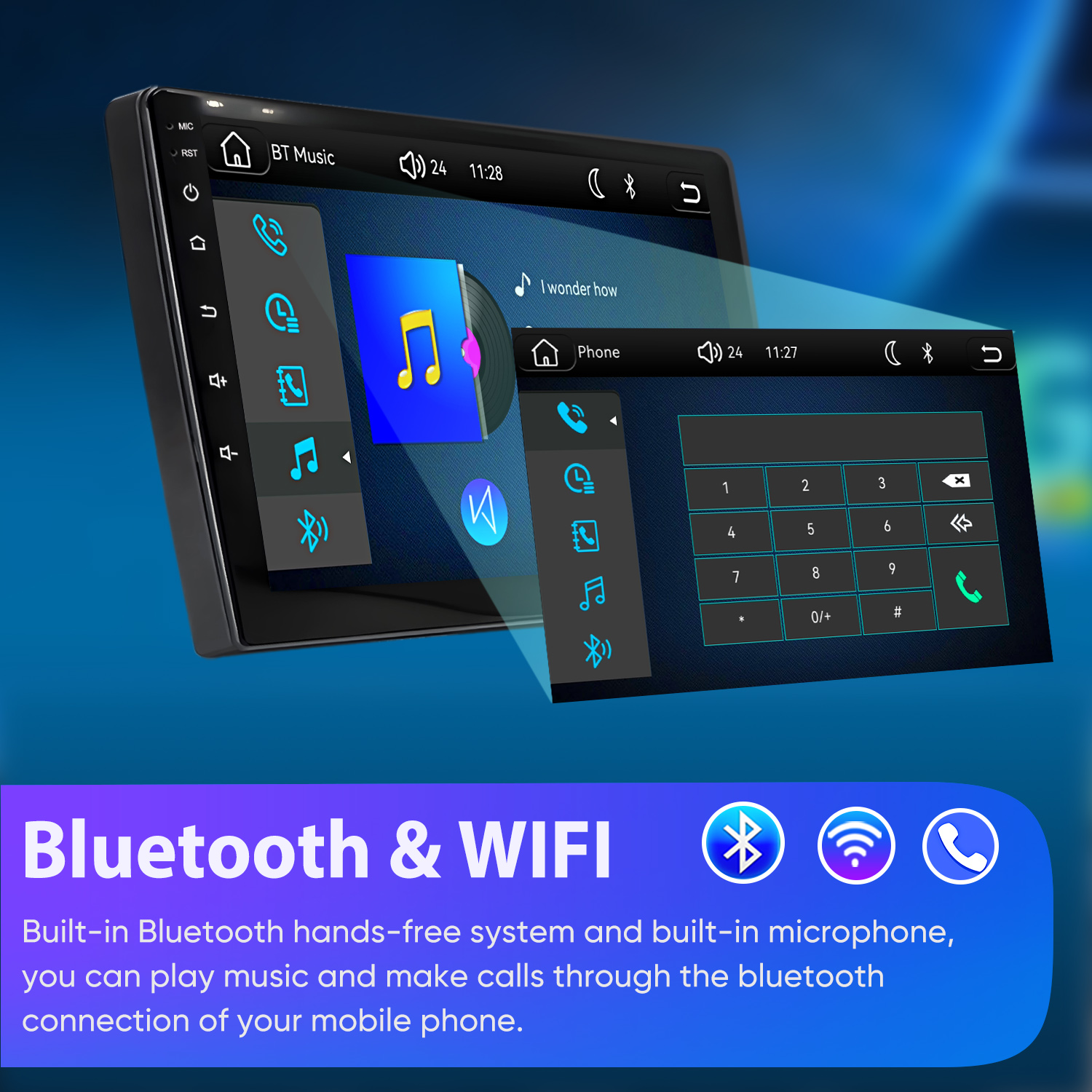 Egy autós hifi érintőképernyő zene és telefon menüket mutat Bluetooth és WiFi ikonokkal.