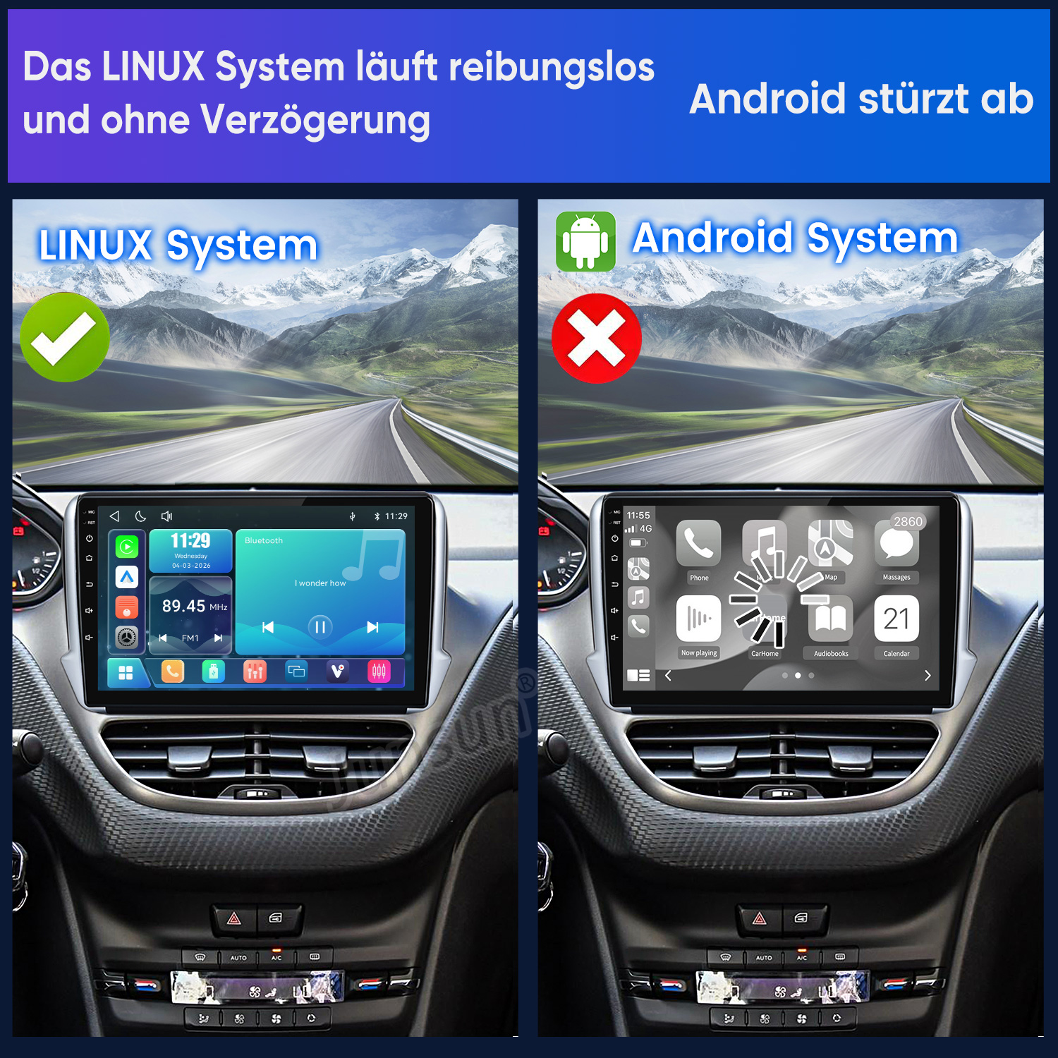 Autós kijelzők összehasonlítása: a Linux zöld pipával fut, az Android piros kereszttel összeomlik.