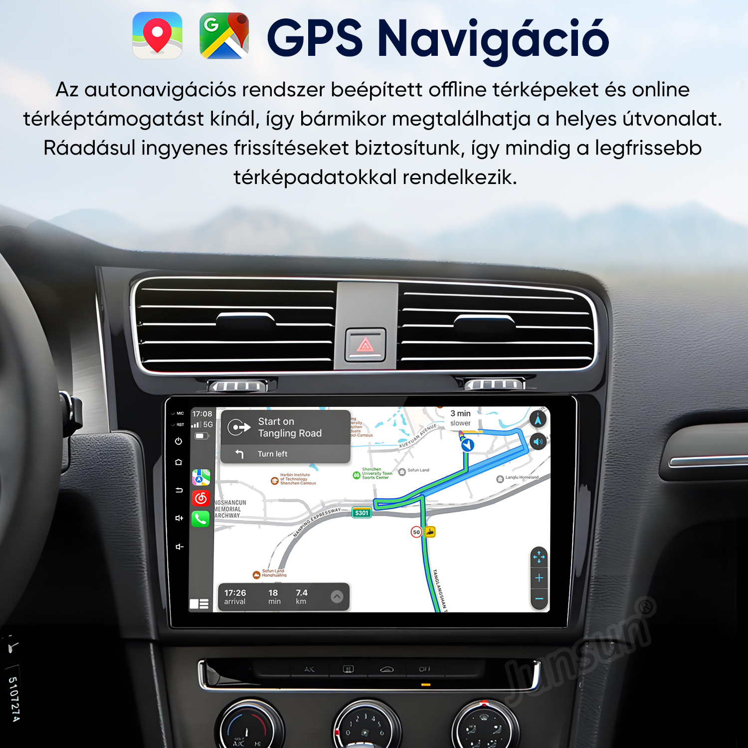 Autó belső tere GPS navigációs kijelzővel, útvonaltérképpel.