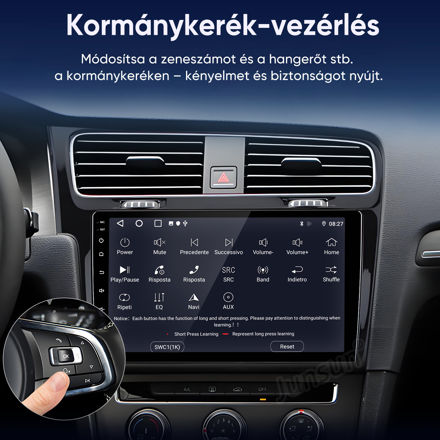 Autó belső tere érintőképernyővel és a kormánykerék gombjainak nagyított nézetével.