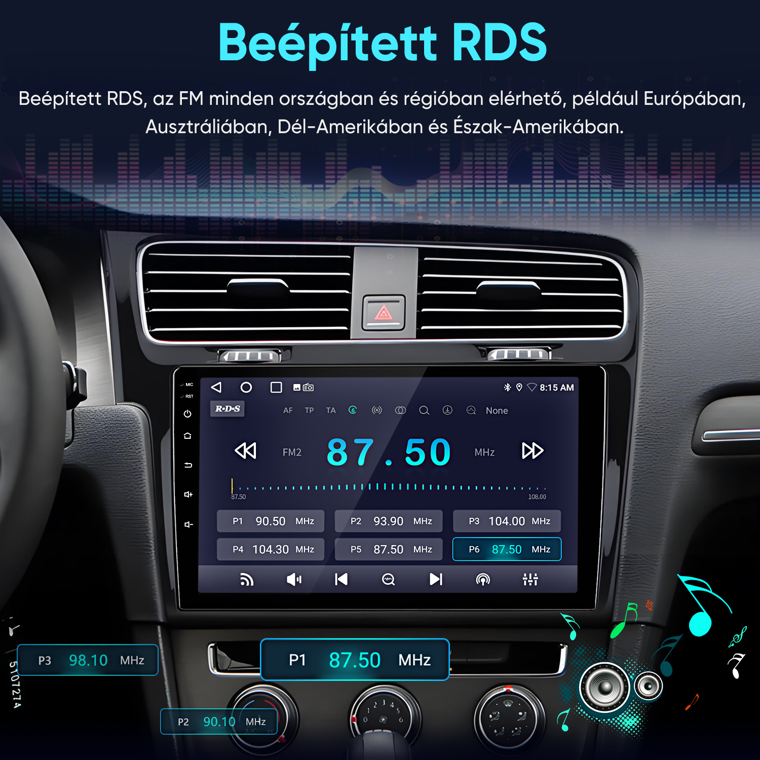 Autós rádió érintőképernyője FM 87.50 MHz frekvenciát mutat egy autó műszerfalán.