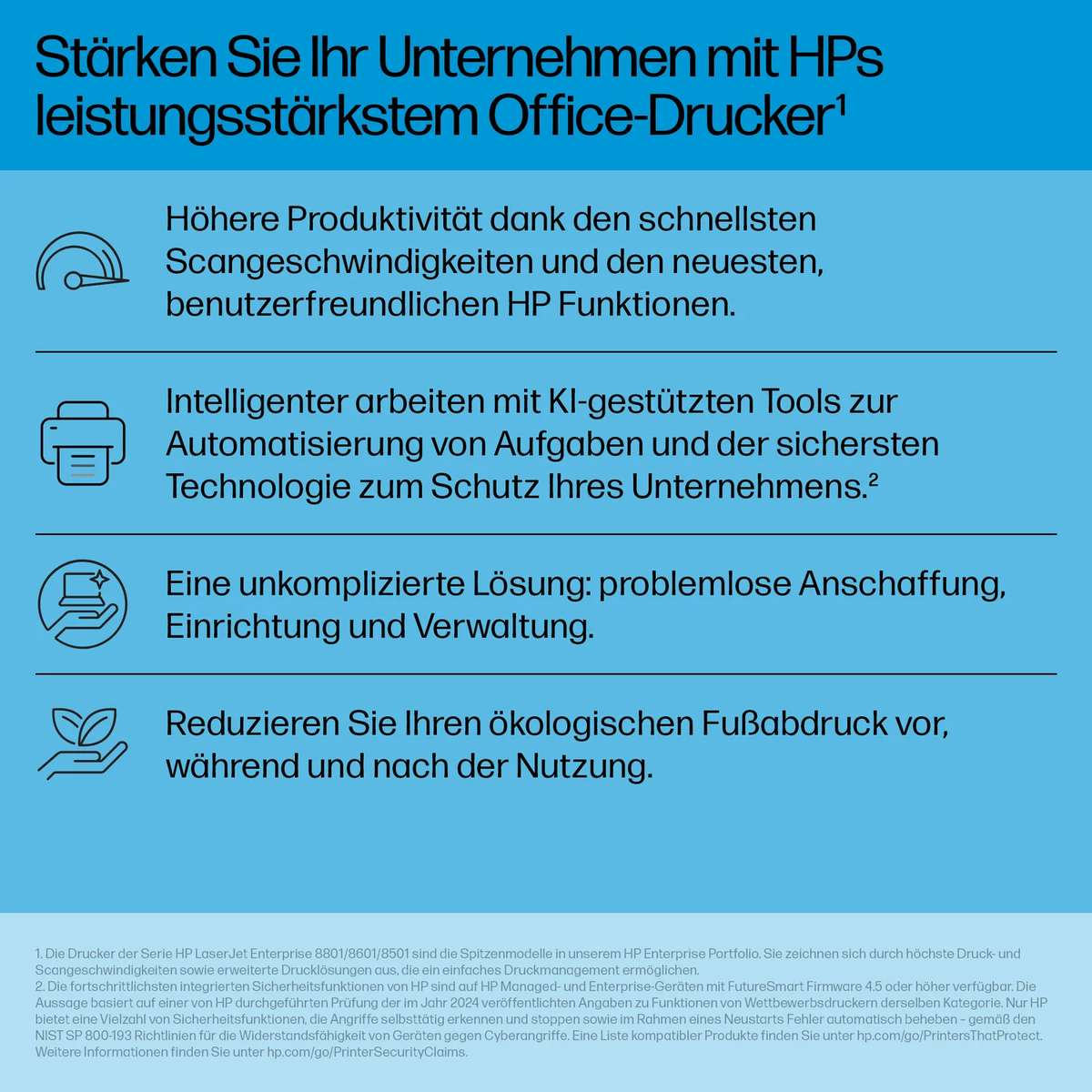 Publicidad de impresora HP para oficina sobre fondo azul con texto e iconos.