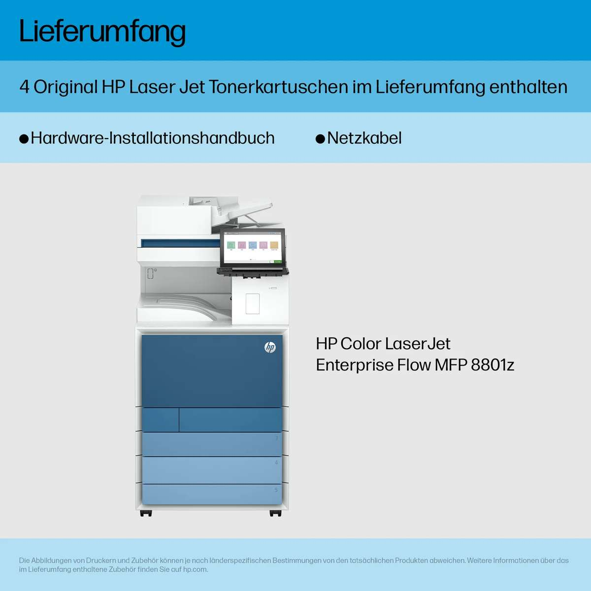 Contenido de la caja del HP Color LaserJet Enterprise Flow MFP 8801z con tóner, manual y cable.