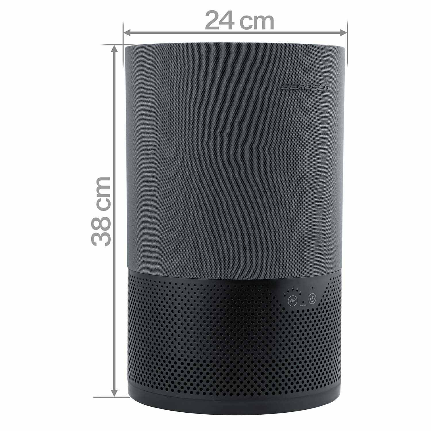 Szary i czarny cylindryczny oczyszczacz powietrza o szerokości 24 cm i wysokości 38 cm na białym tle.