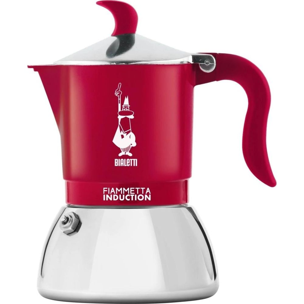Una moka Bialetti Fiammetta Induction rossa e argento su sfondo bianco.