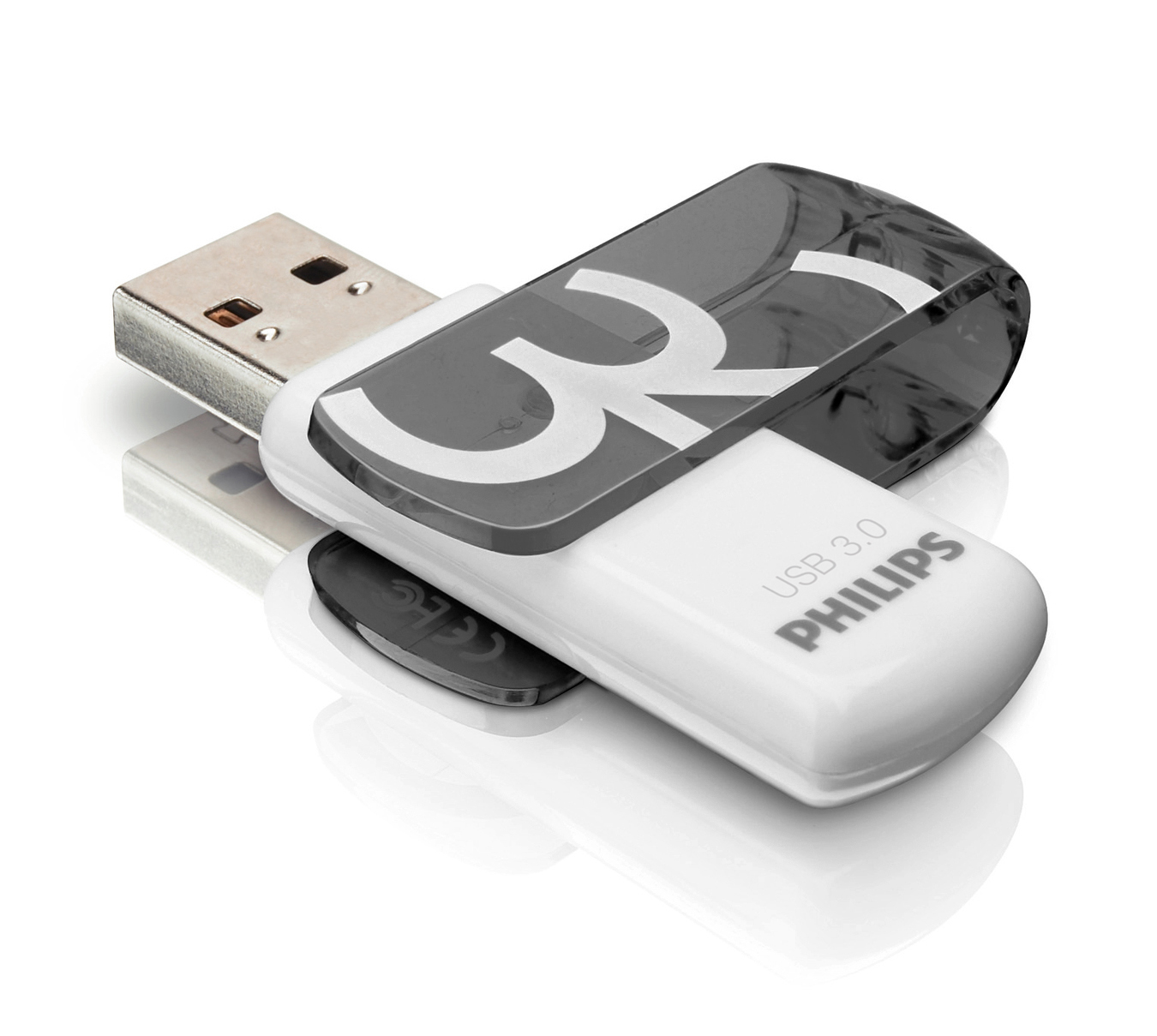 A white and transparent dark grey Philips USB 3.0 flash drive on a reflective white surface.