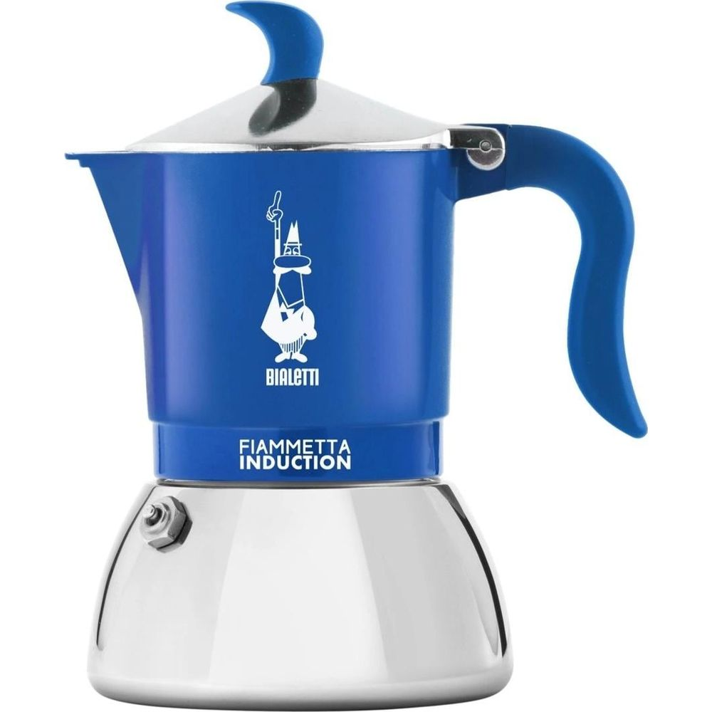Caffettiera moka Bialetti Fiammetta Induction blu con base in acciaio inossidabile su fondo bianco.