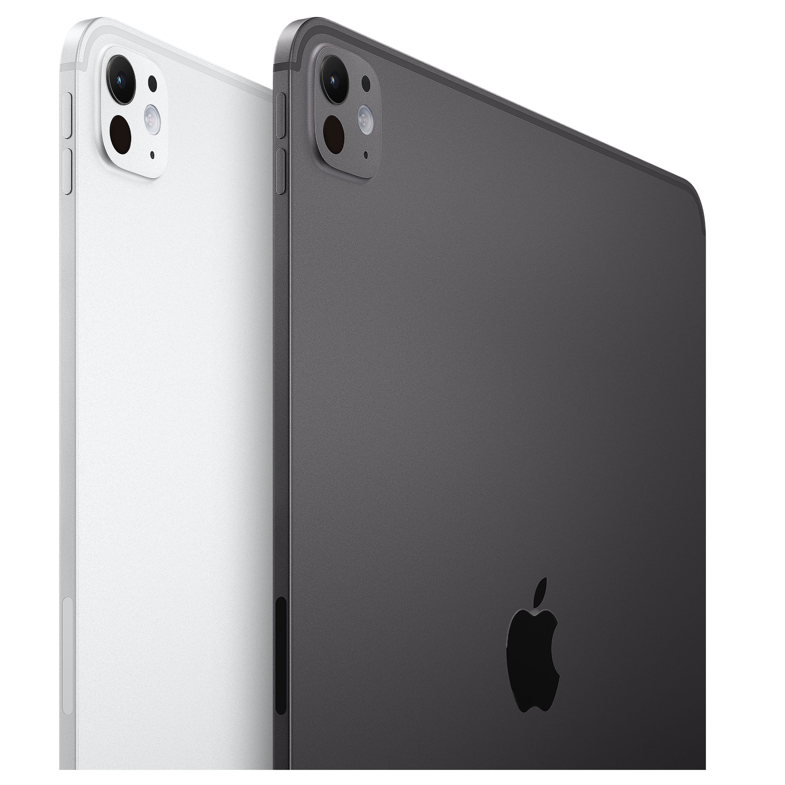 Two iPads in silver and space gray stand side by side, focusing on their camera modules.