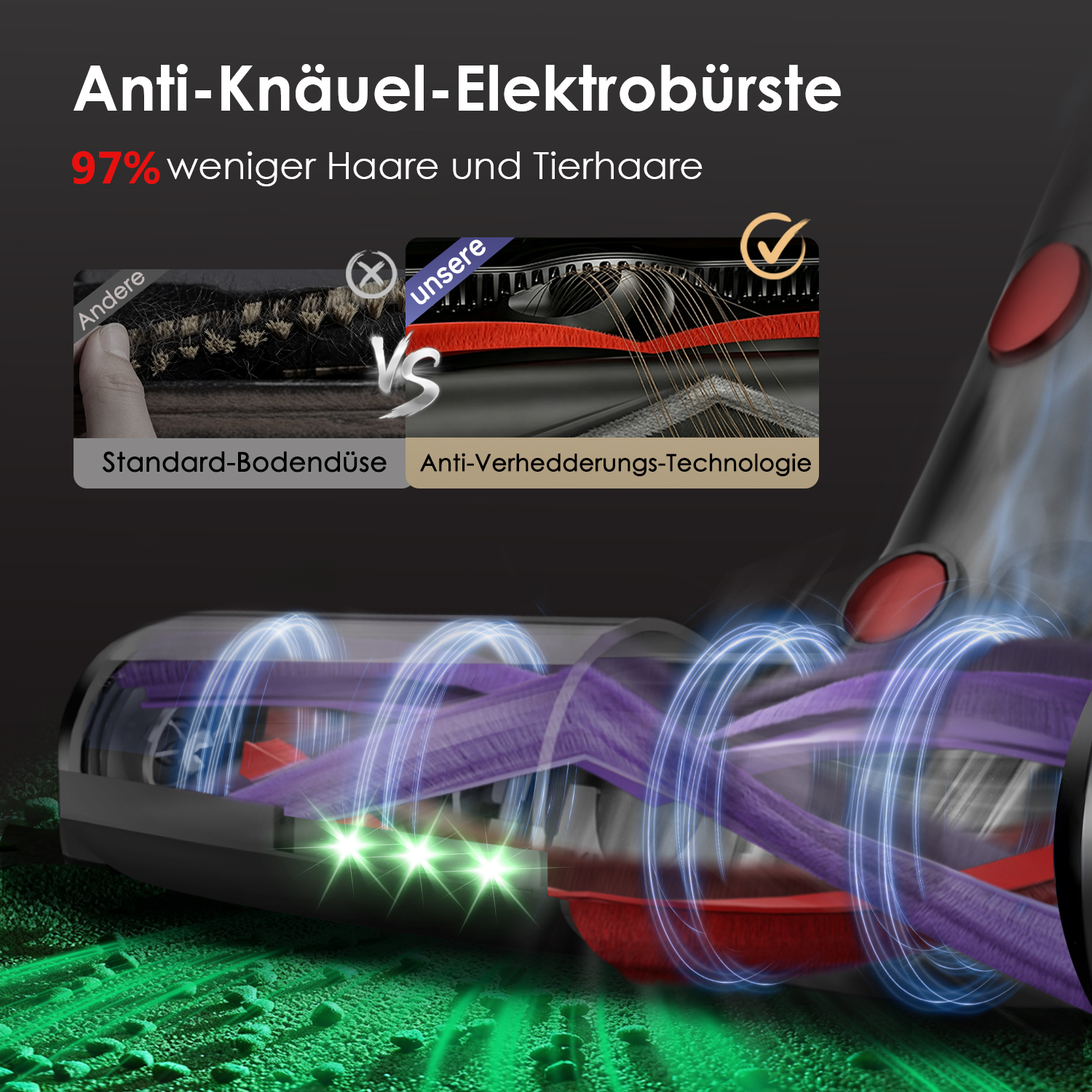 Anti-Knäuel-Elektrobürste im Vergleich zu Standard-Bodendüsen mit Haaren.