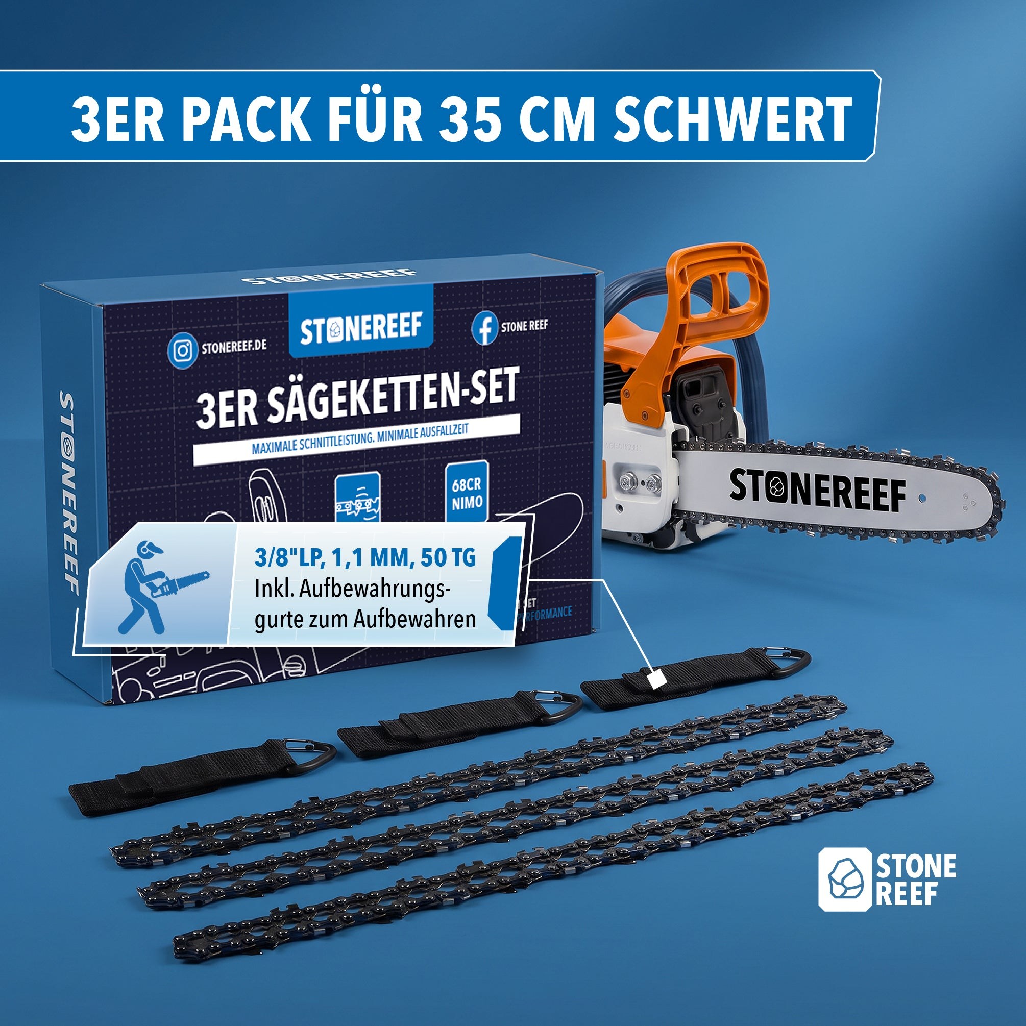 Stonereef 3er Sägeketten-Set für 35 cm Schwert mit Box und Gurten auf blauem Grund.