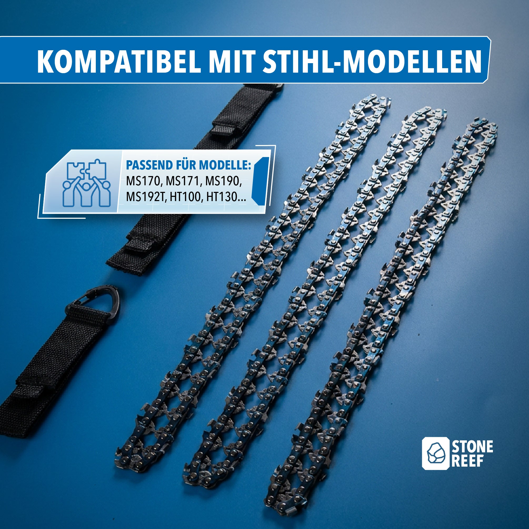 Drei Motorsägenketten und schwarze Gurte auf blauem Hintergrund mit deutschem Text.