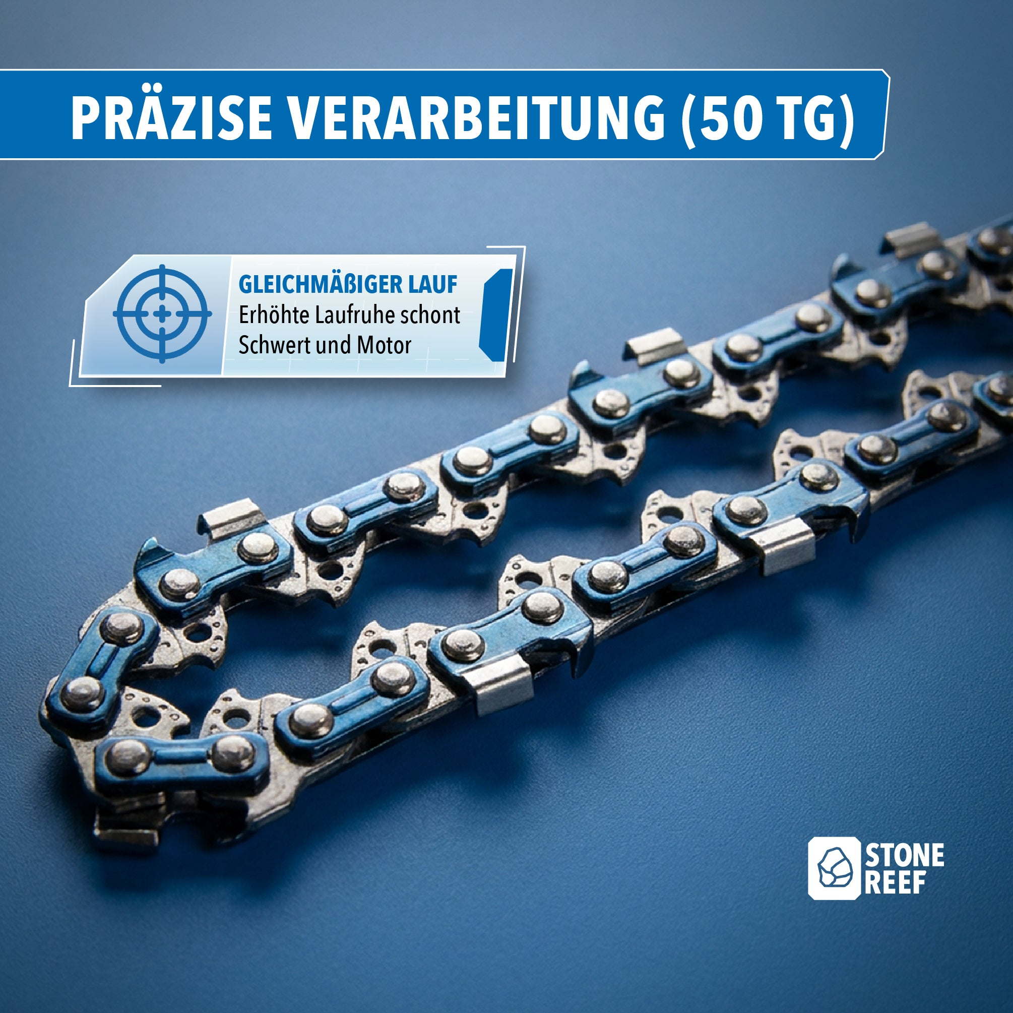 Eine blaue Kettensägenkette auf blauem Hintergrund mit deutschem Text und Stein Reef Logo.