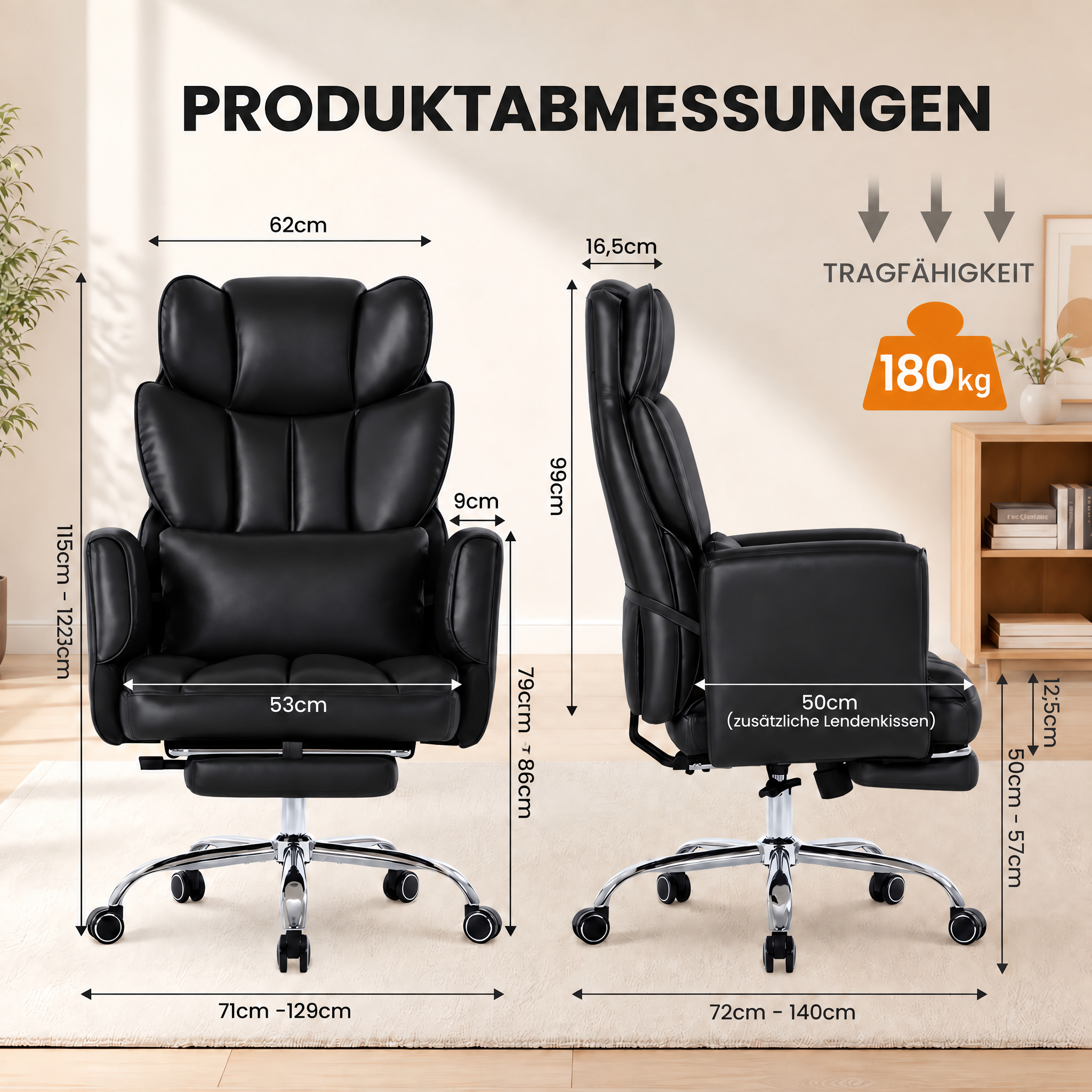 Technische Zeichnung mit Front- und Seitenmaßen eines schwarzen Bürostuhls mit 180kg Tragkraft.