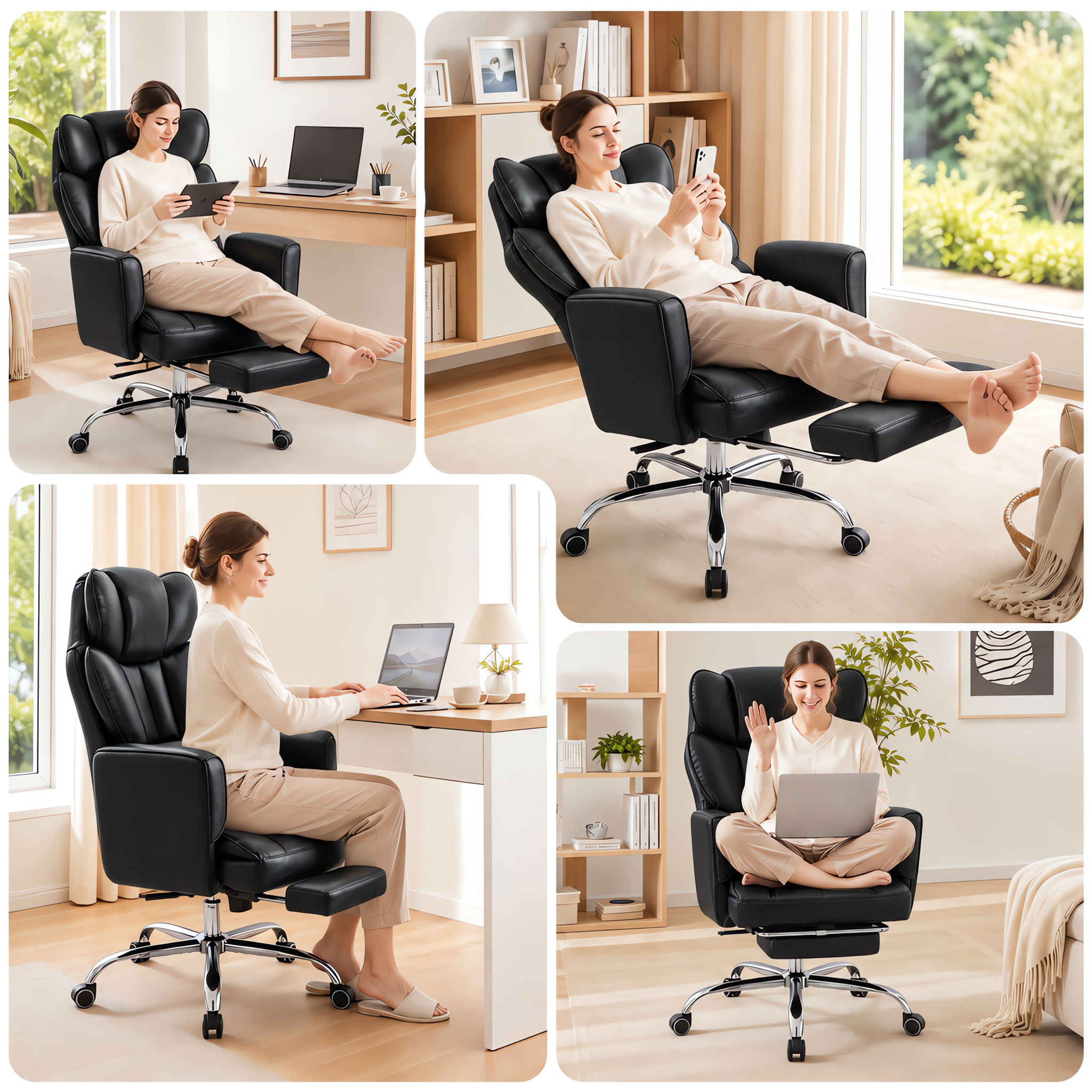 Eine Frau in hellen Kleidern sitzt in vier verschiedenen Posen auf einem schwarzen ergonomischen Bürostuhl mit Fußstütze.