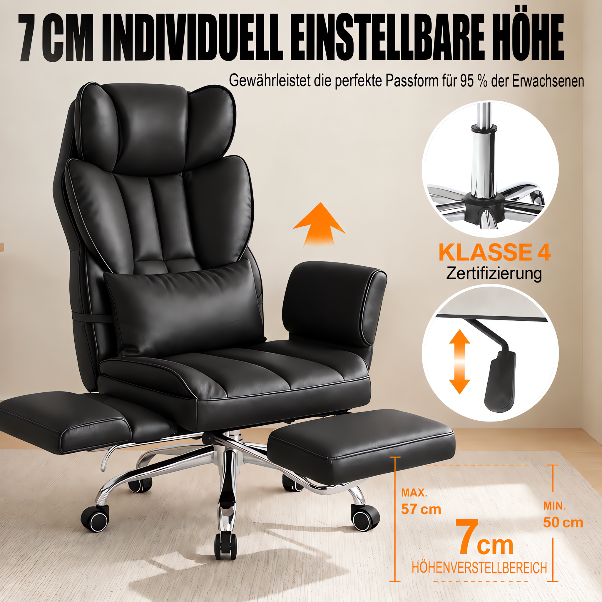 Schwarzer ergonomischer Buerostuhl mit Fussstuetze und Hoehenverstellung.