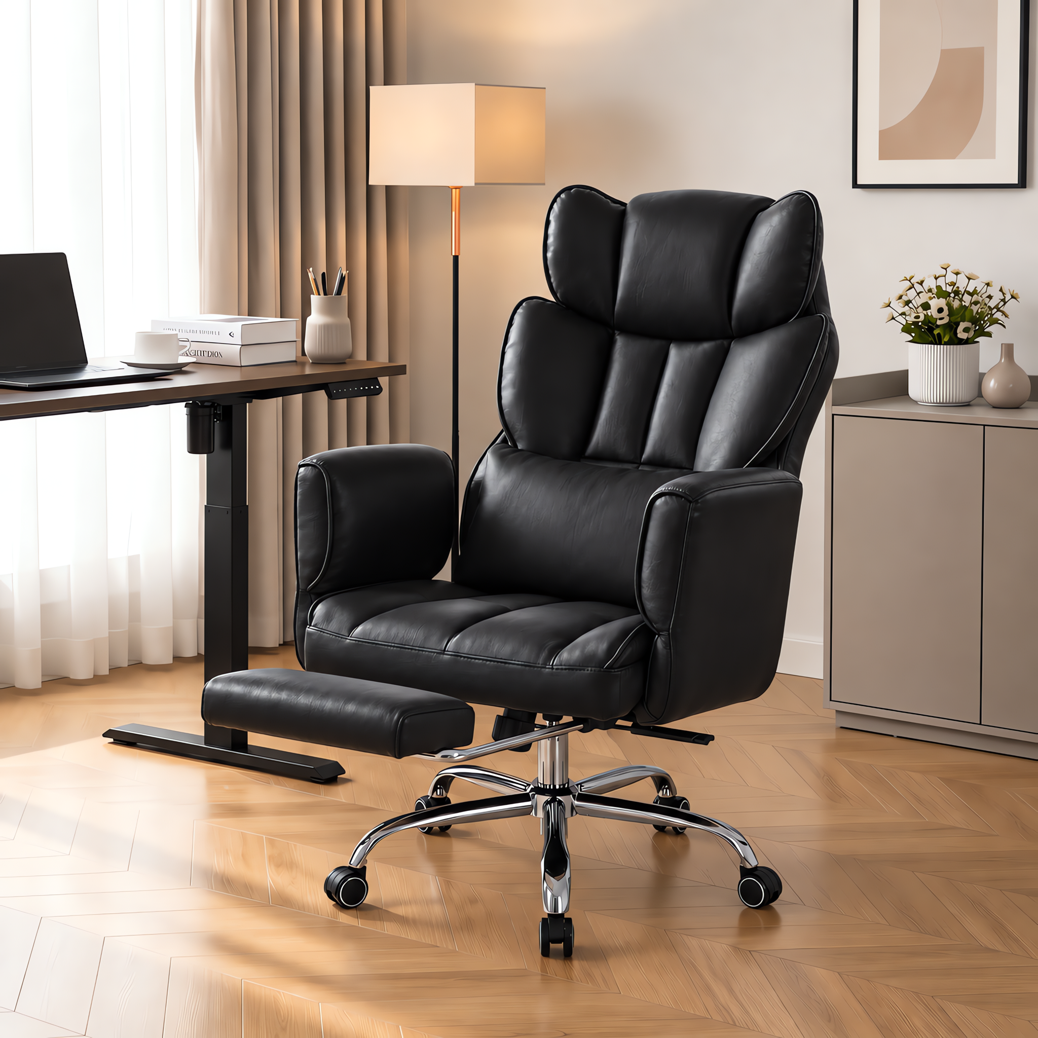 Ein ergonomischer schwarzer Bürostuhl mit Fußstütze steht in einem modernen Arbeitszimmer mit Holzboden.