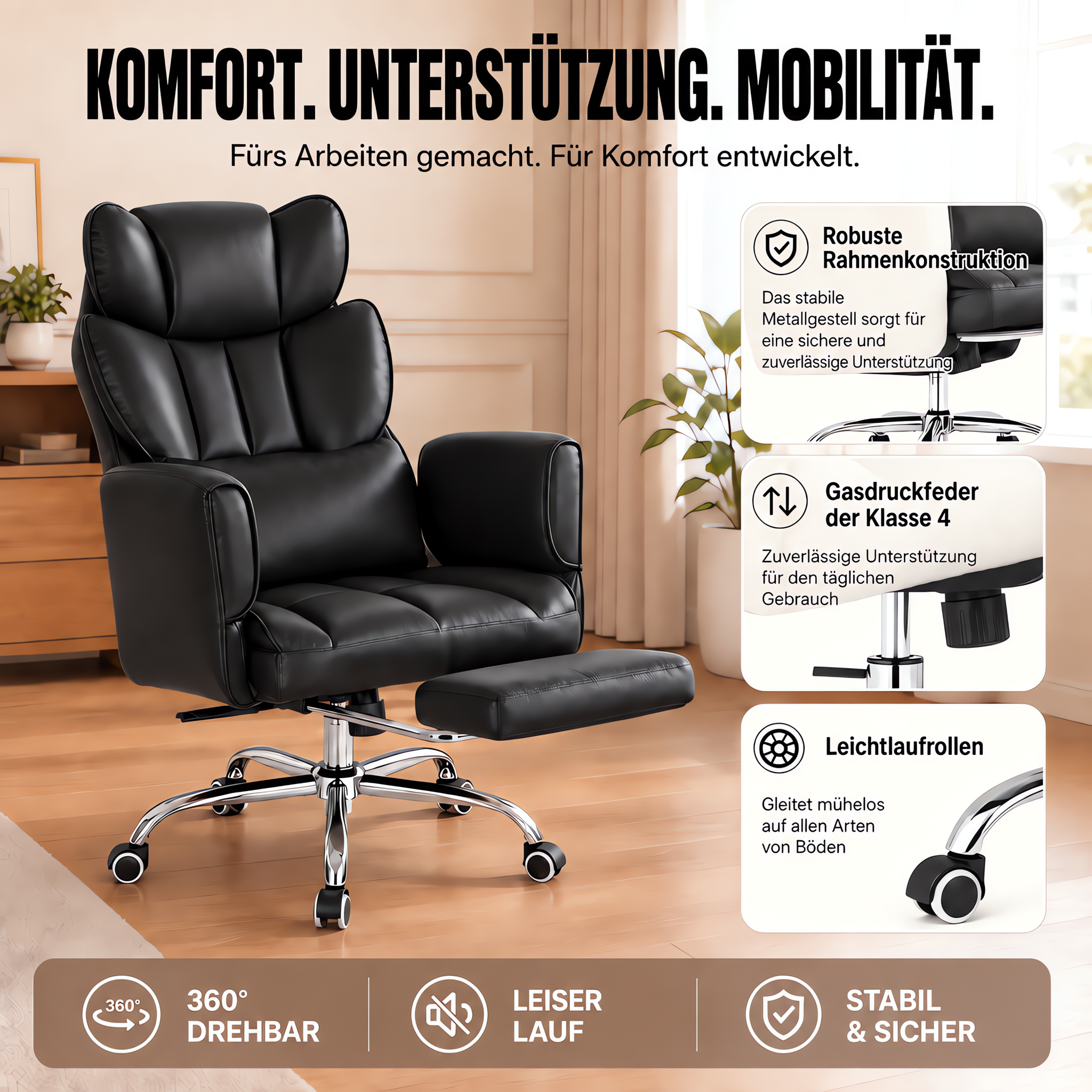 Ein schwarzer ergonomischer Bürostuhl mit Fußstütze, verchromtem Gestell und Rollen vor einer hellen Wand.