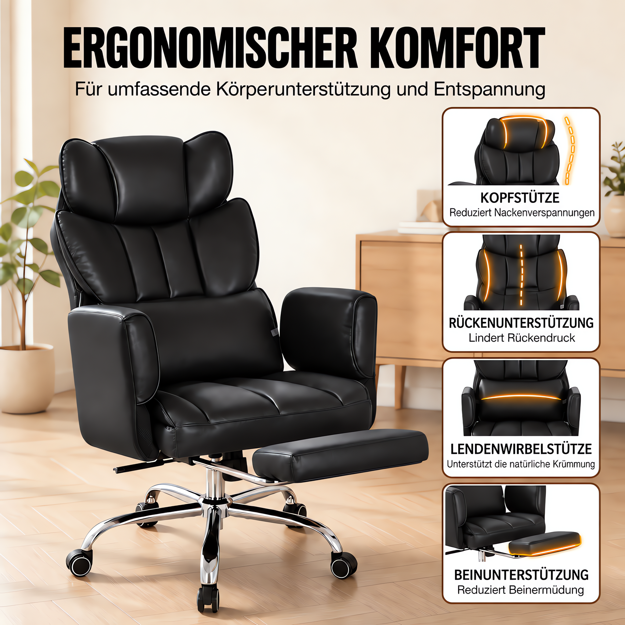 Ein schwarzer ergonomischer Bürostuhl mit Fußstütze und vier Detailausschnitten mit Stützfunktionen.