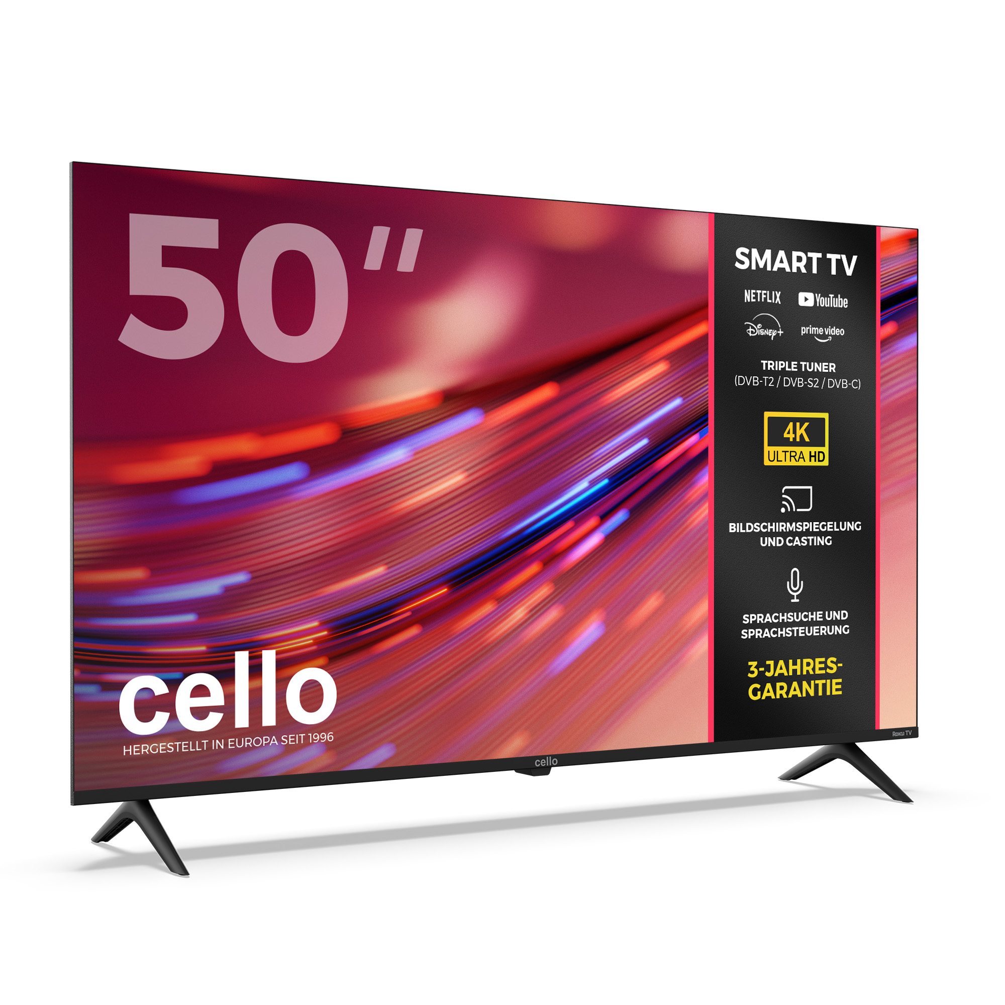 Ein 50-Zoll Cello Smart TV mit 4K Ultra HD, Streaming-App-Logos und deutscher Funktionsbeschreibung auf dem Display.