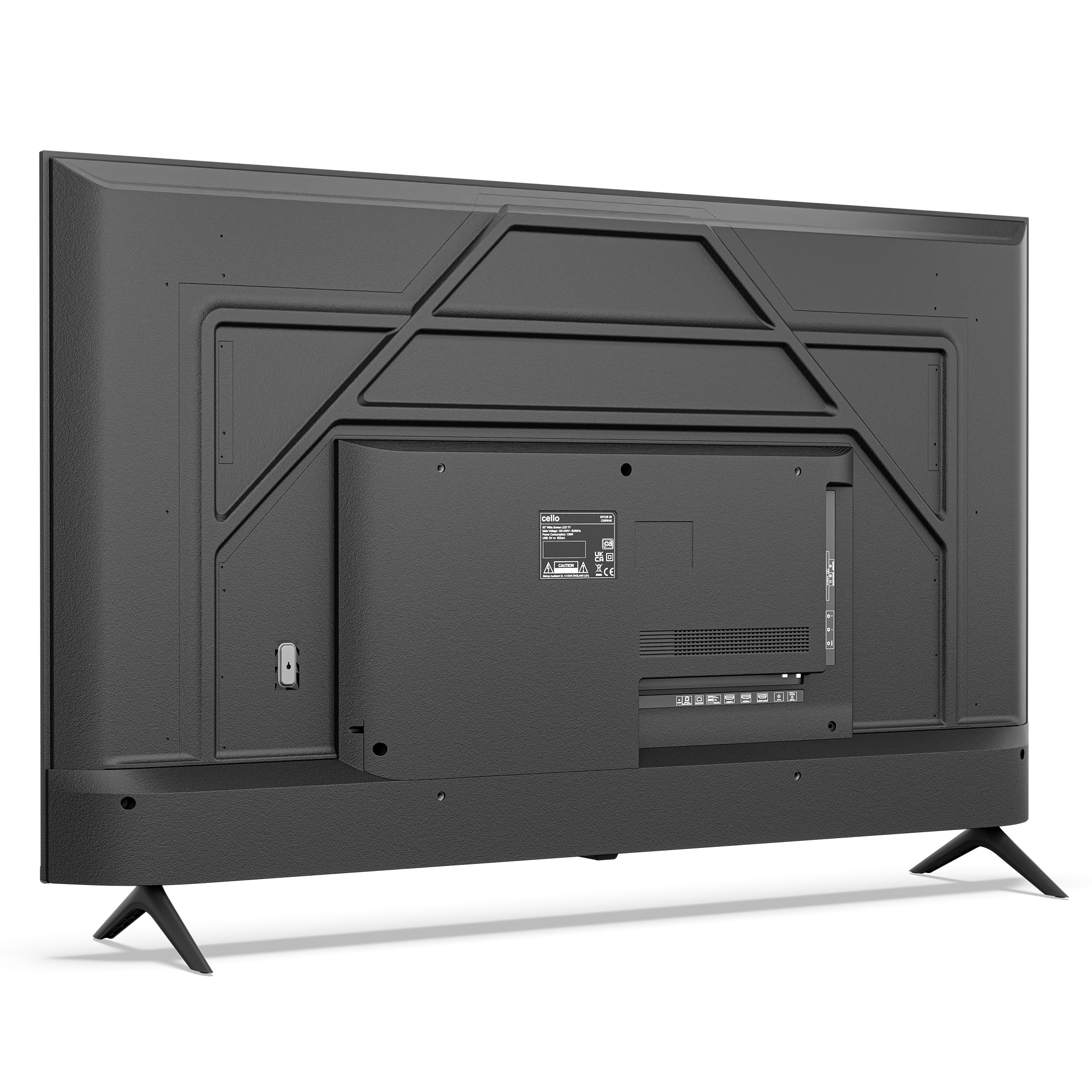 Rückansicht eines schwarzen Flachbildfernsehers auf Standfüßen mit strukturierter Kunststoffverkleidung und Anschlüssen.