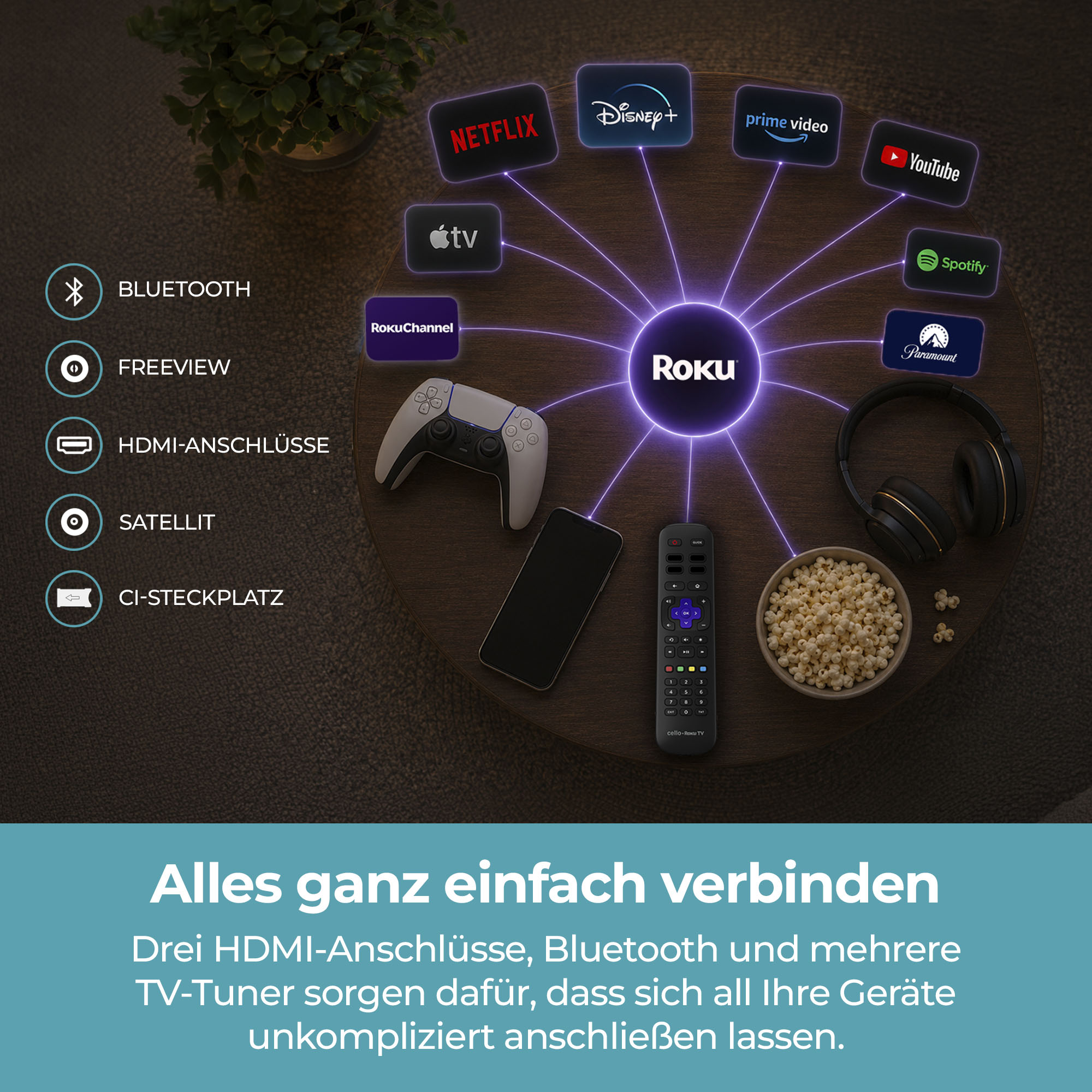 Roku-Logo im Zentrum verbunden mit Streaming-Apps, Controller, Smartphone, Kopfhörern und Popcorn auf einem Tisch.