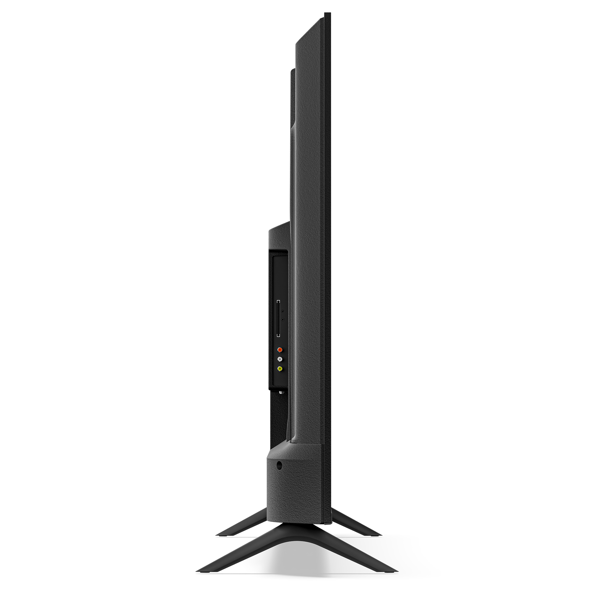 Seitenansicht eines schlanken schwarzen Fernsehers mit V-förmigen Standfüßen und sichtbaren Anschlüssen auf weißem Grund.
