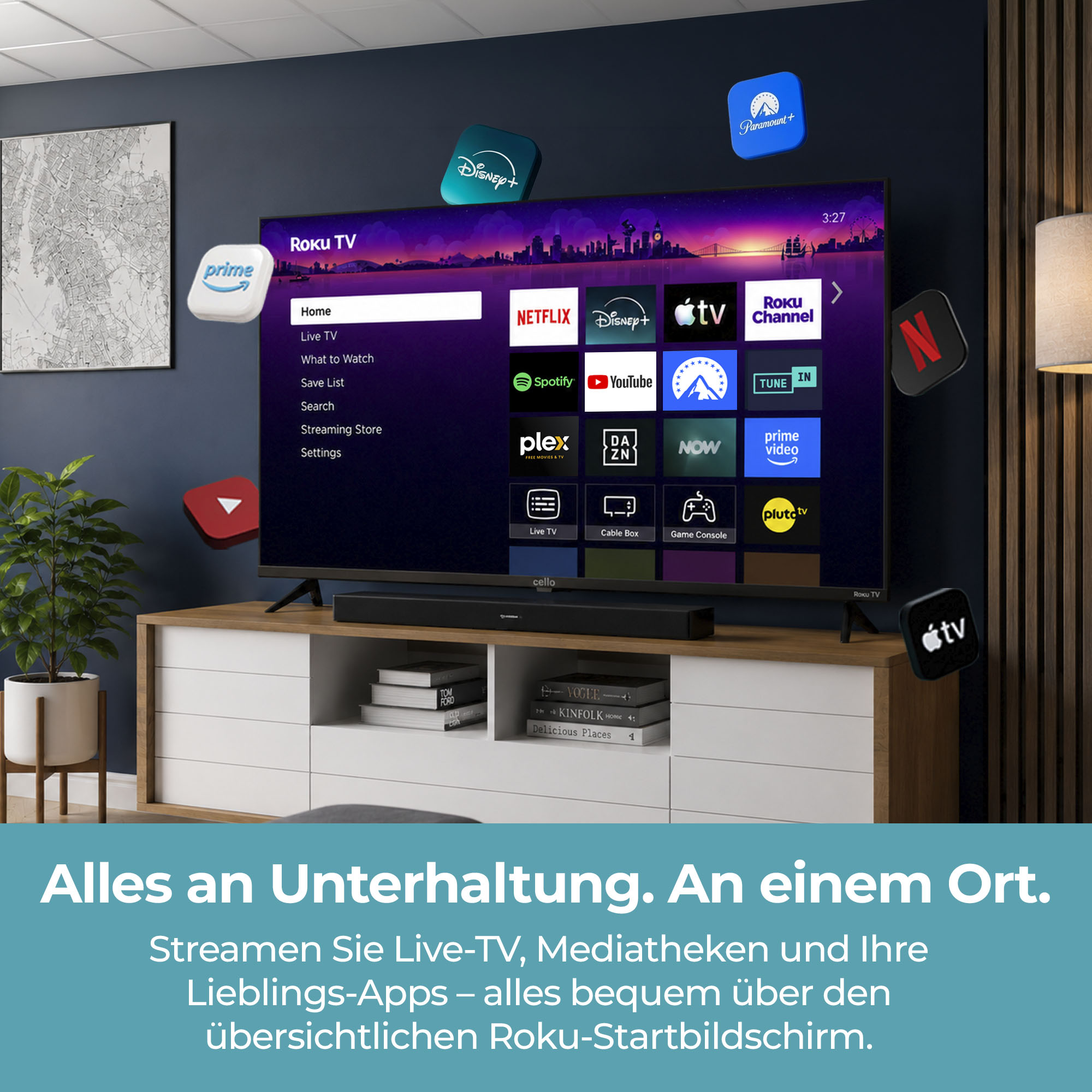 Ein Roku-Fernseher zeigt Streaming-App-Symbole in einem Wohnzimmer mit schwebenden App-Logos.