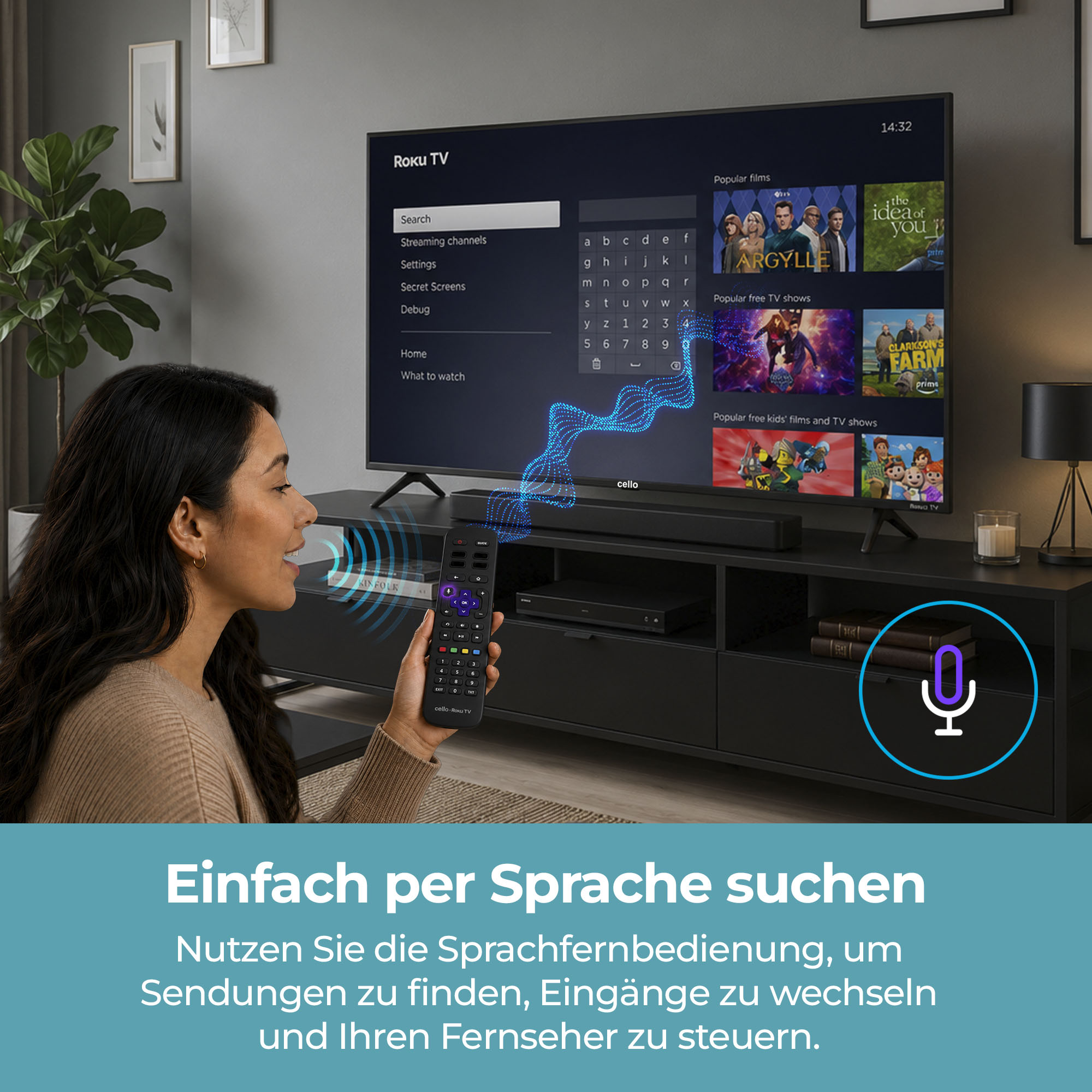 Eine Frau nutzt eine Sprachfernbedienung, um einen Roku TV zu steuern, mit deutscher Textüberlagerung unten.
