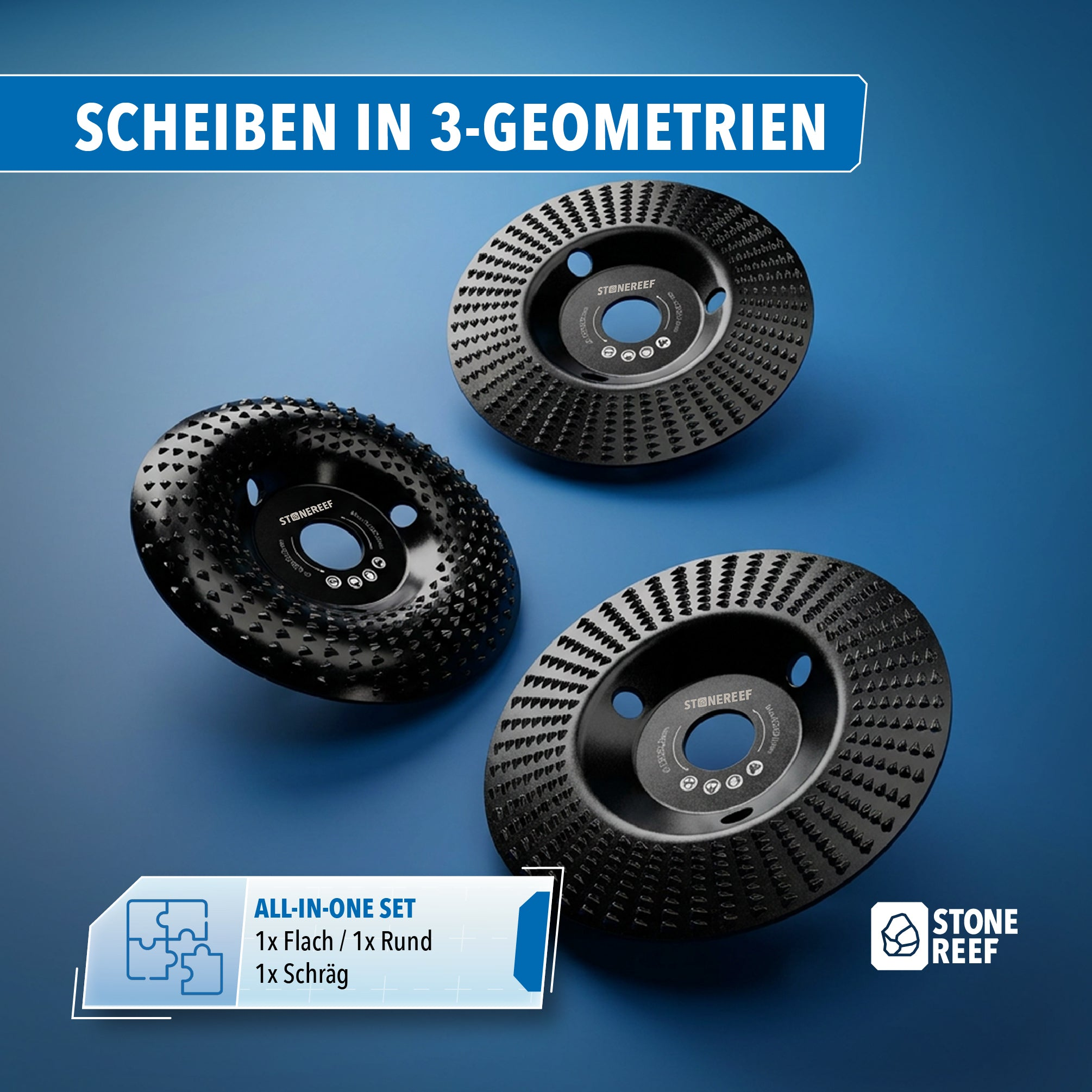 Drei schwarze Stone Reef Schleifscheiben mit unterschiedlichen Geometrien auf blauem Hintergrund.