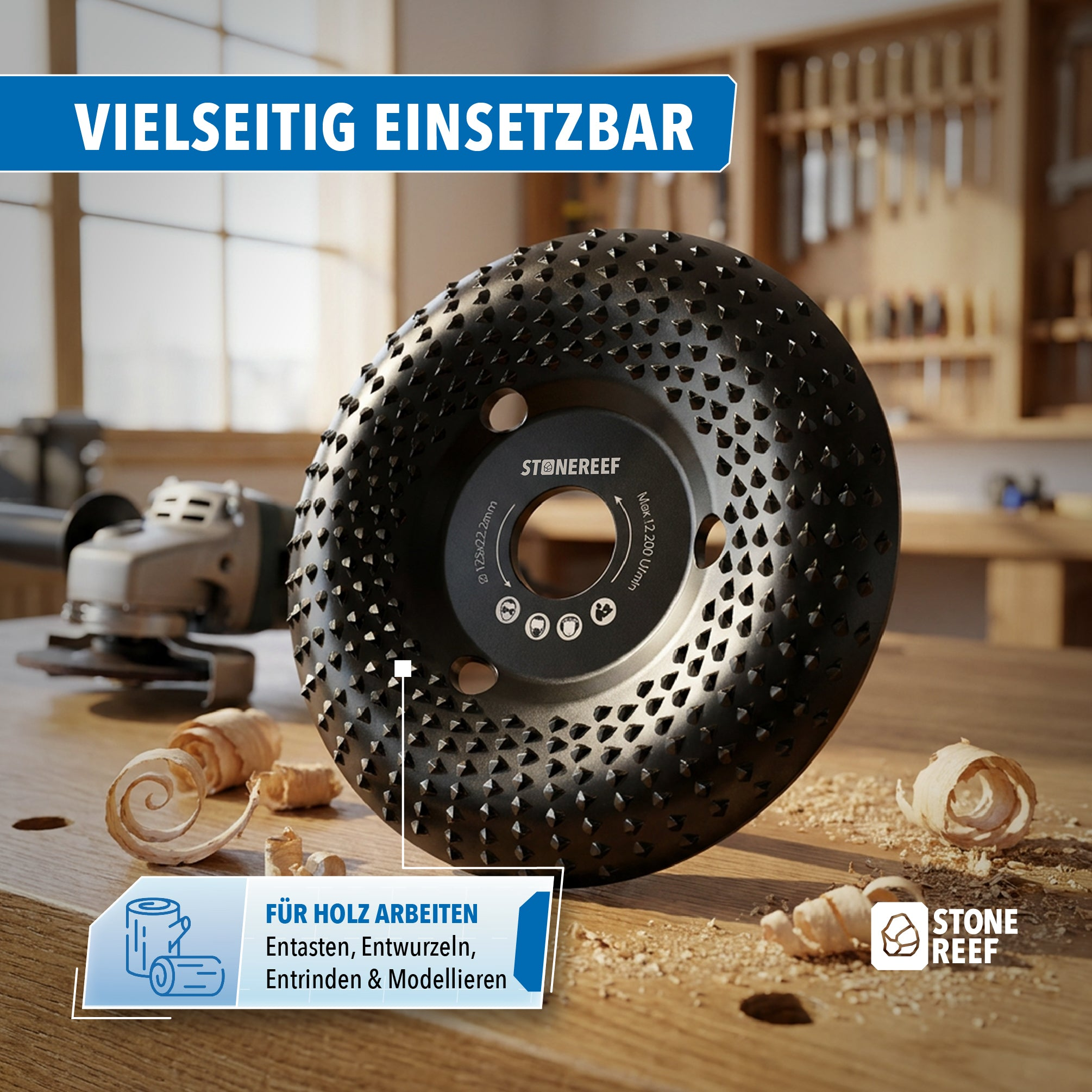 Schwarze Schleifscheibe mit Noppen für Holzbearbeitung auf einer Werkbank, im Hintergrund Werkzeuge.