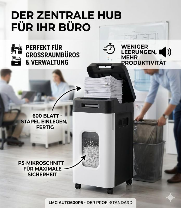 Ein großer Aktenvernichter in einem hellen Büro mit Text und Grafiken.