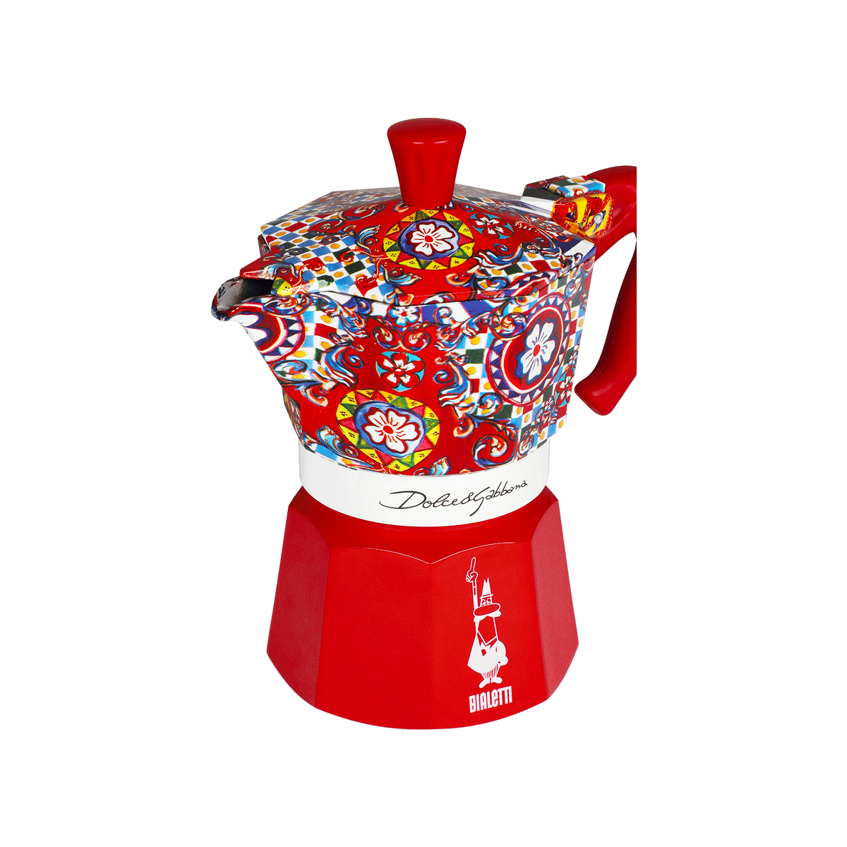 Caffettiera moka rossa e bianca con motivi floreali e geometrici colorati, loghi Dolce&Gabbana e Bialetti.