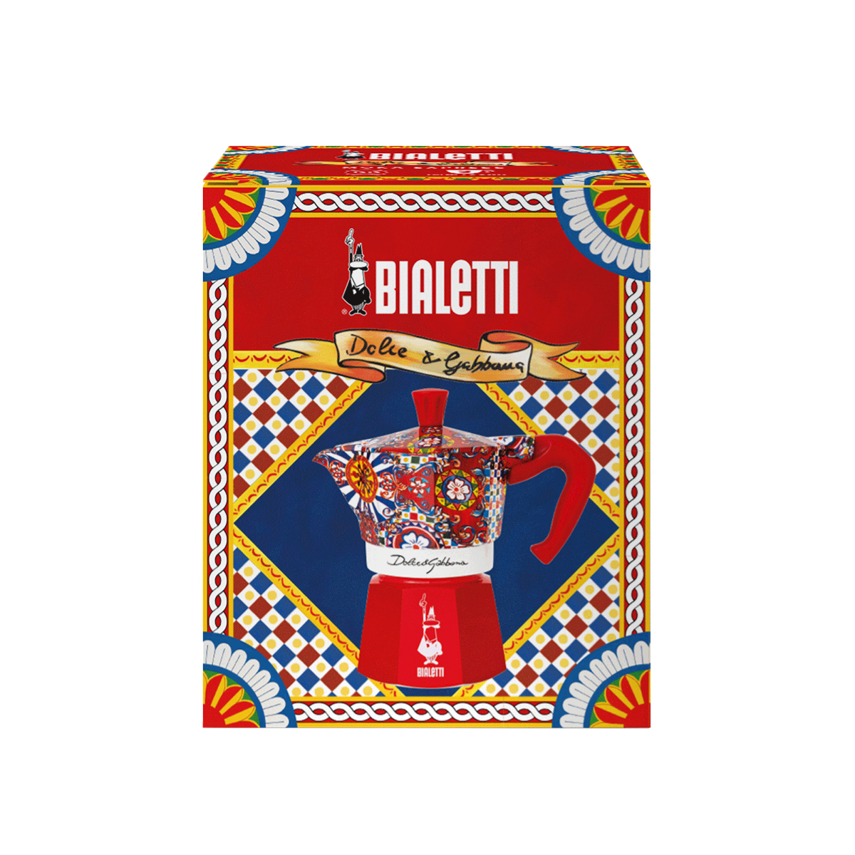 Caffettiera Bialetti Moka in una colorata scatola Dolce & Gabbana con motivi decorativi.