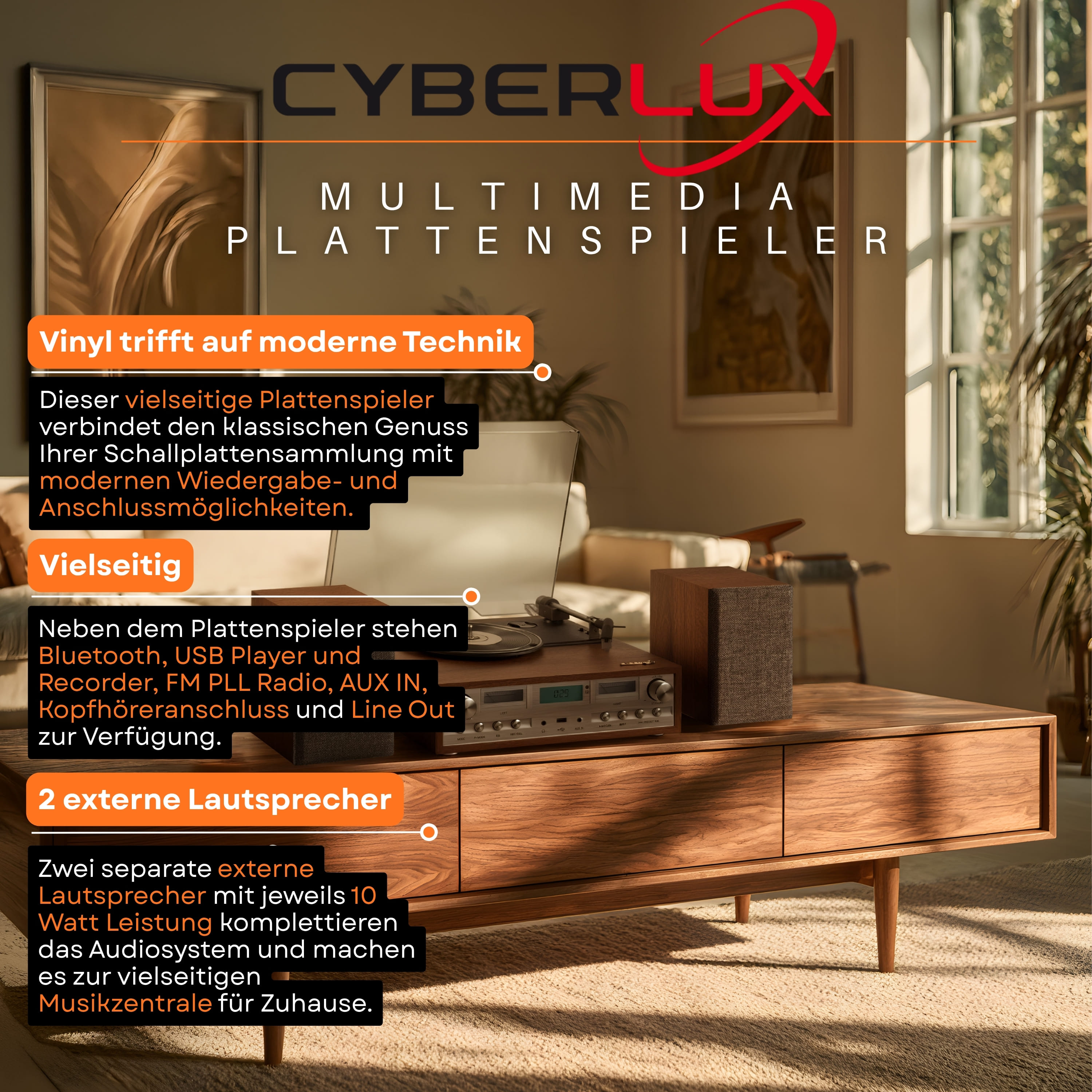 Cyberlux Multimedia Plattenspieler auf einem Holztisch mit zwei externen Lautsprechern in einem modernem Wohnzimmer.