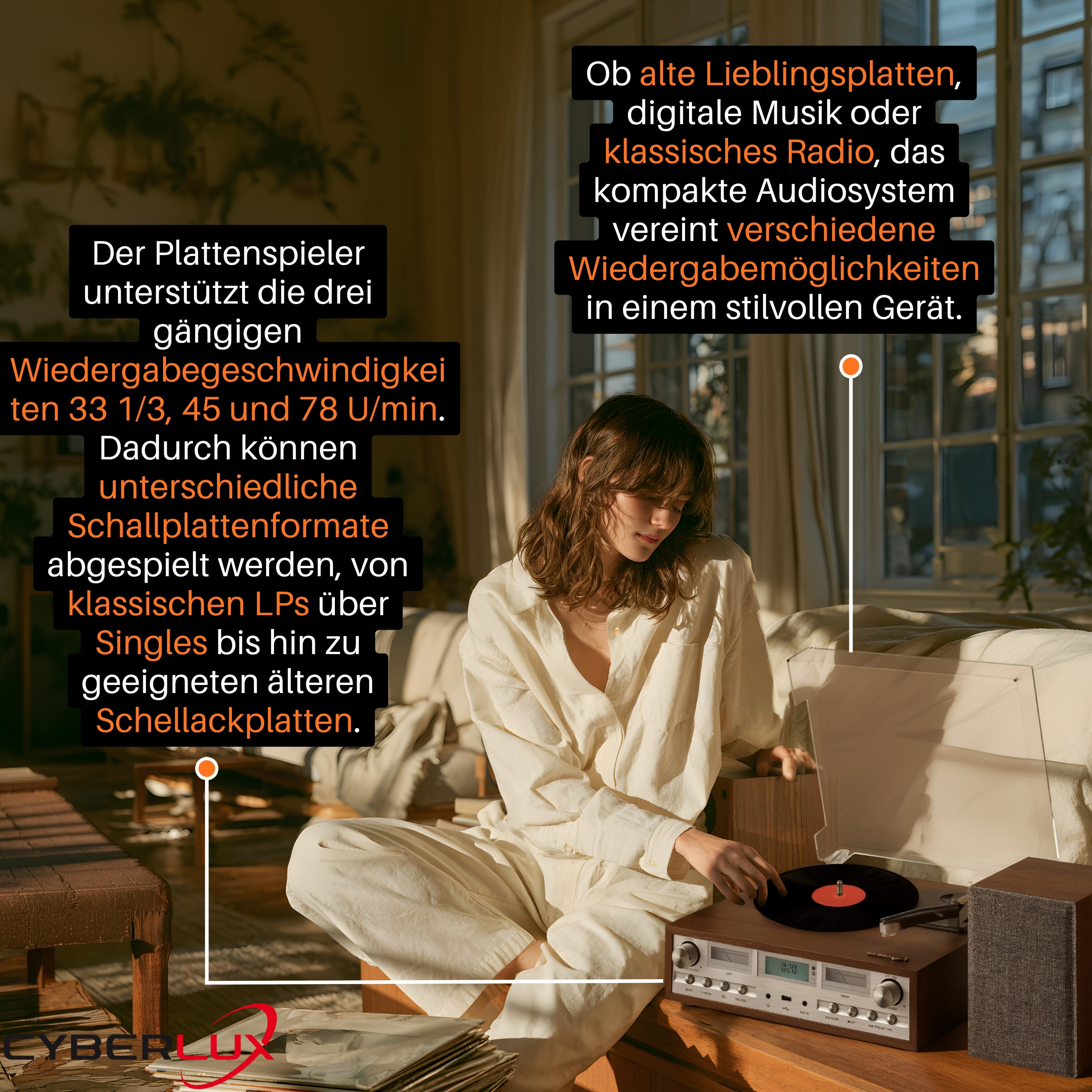 Eine Frau in weißer Kleidung sitzt am Boden und legt eine Schallplatte in einen Retro-Plattenspieler in einem Raum.